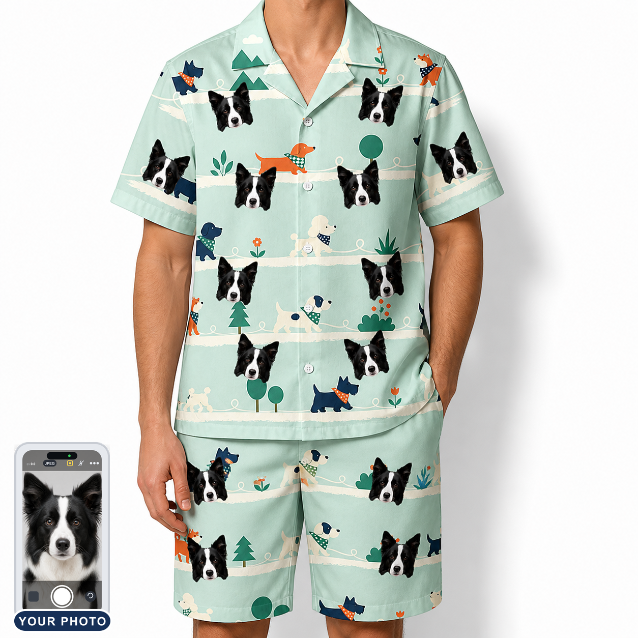 Men's Kerchief Kapers Custom Dog Face Shirt & Shorts Set