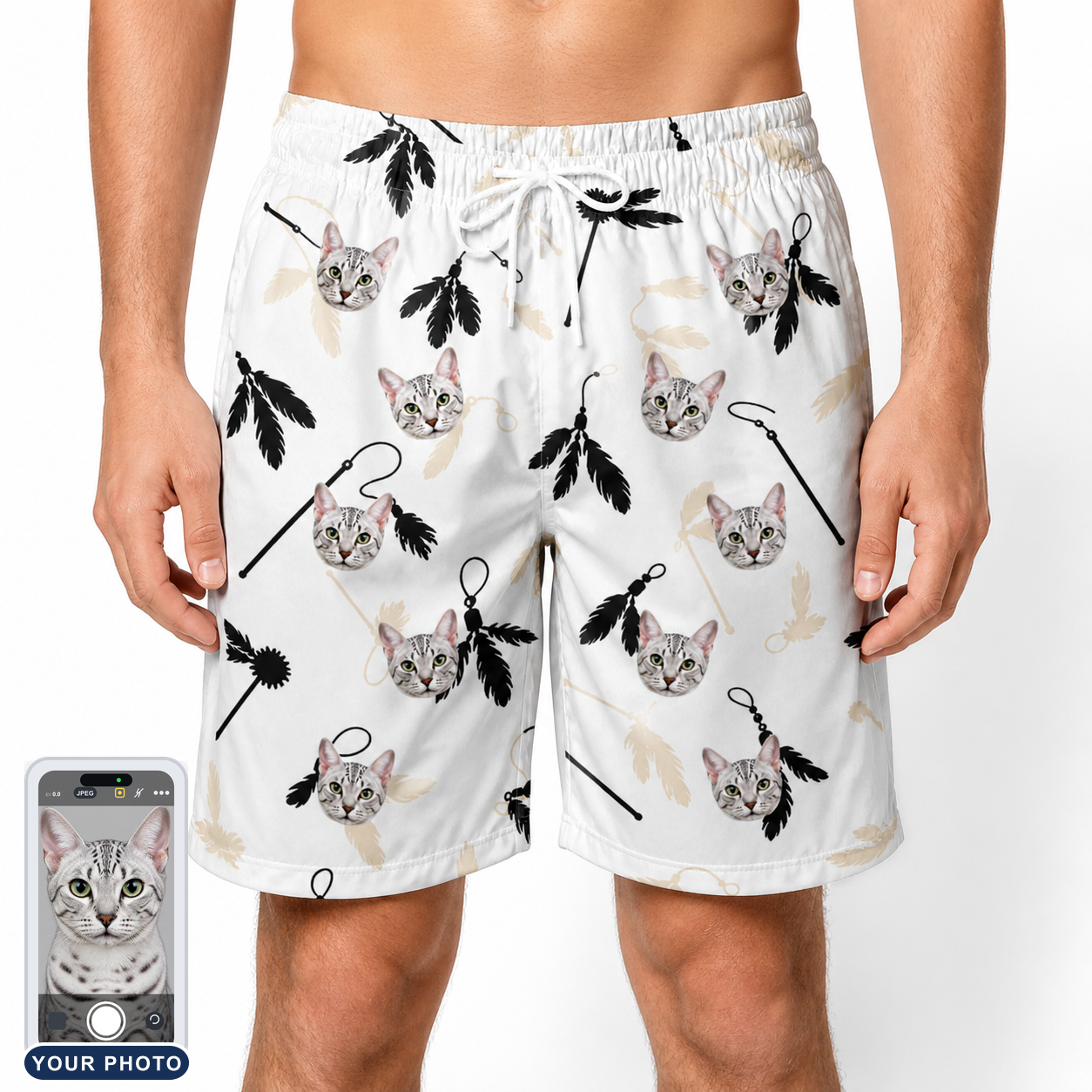 Men's Clawful Feathers Custom Cat Face Beach Shorts