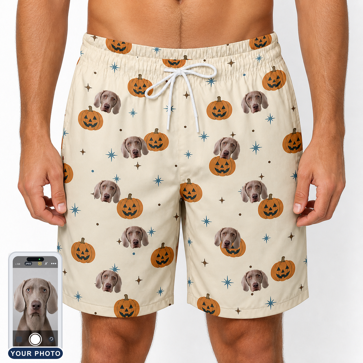 Men's Lantern Laughs Custom Dog Face Beach Shorts