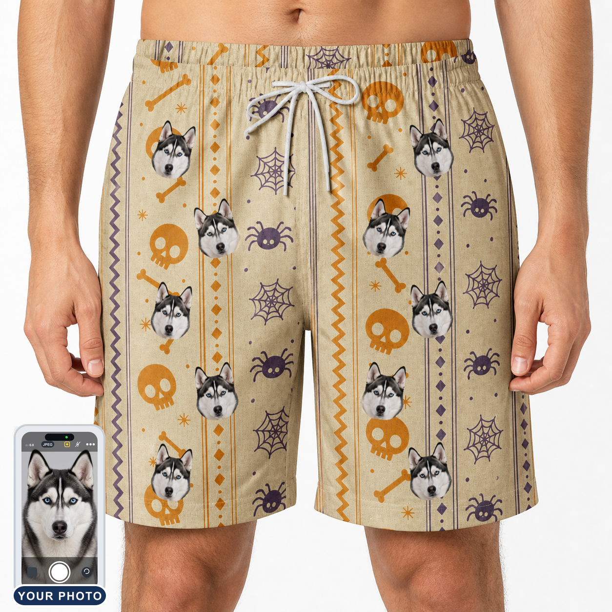 Men's Webbed Bones Custom Dog Face Beach Shorts