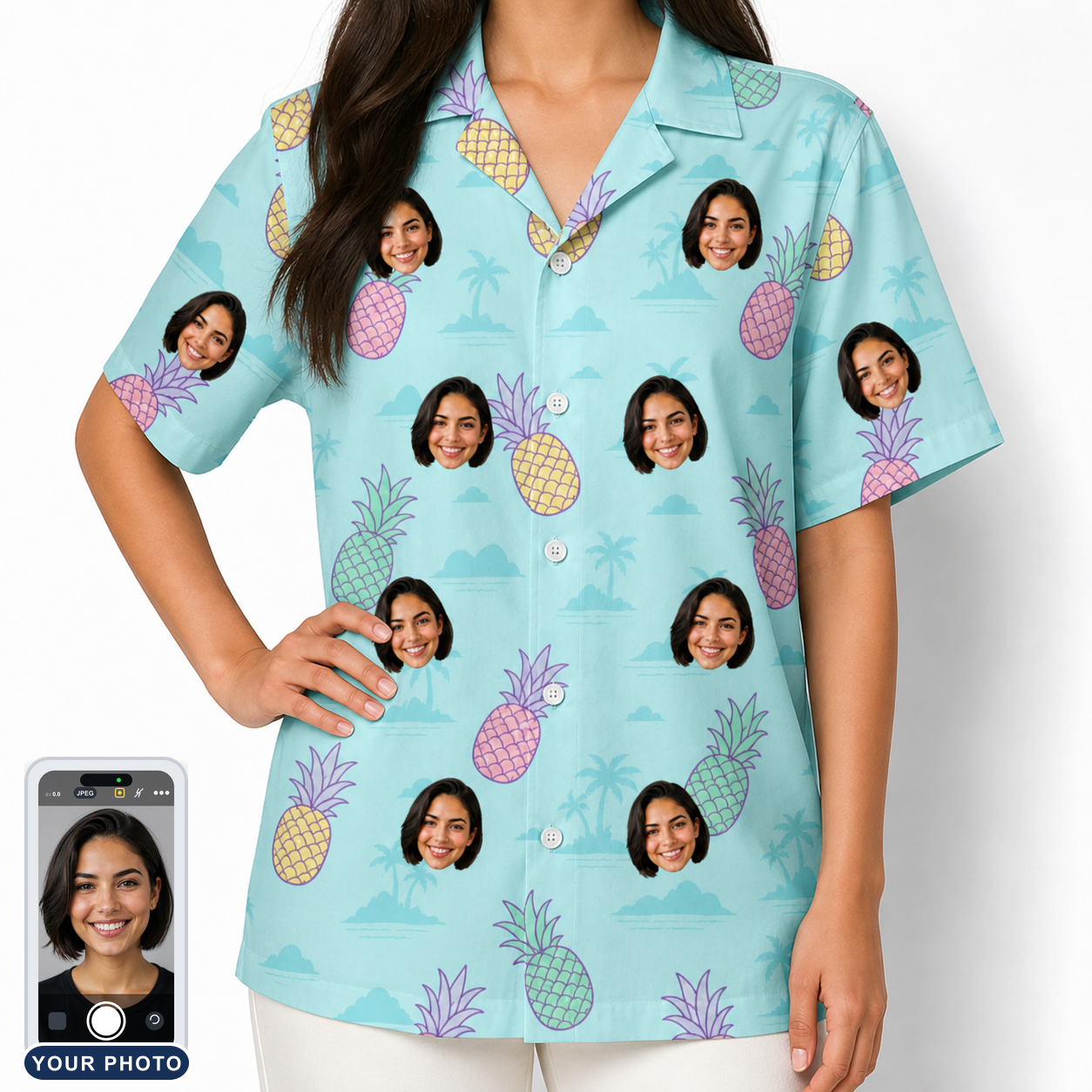 Women's Spiky Shoreline Custom Face Hawaiian Shirt