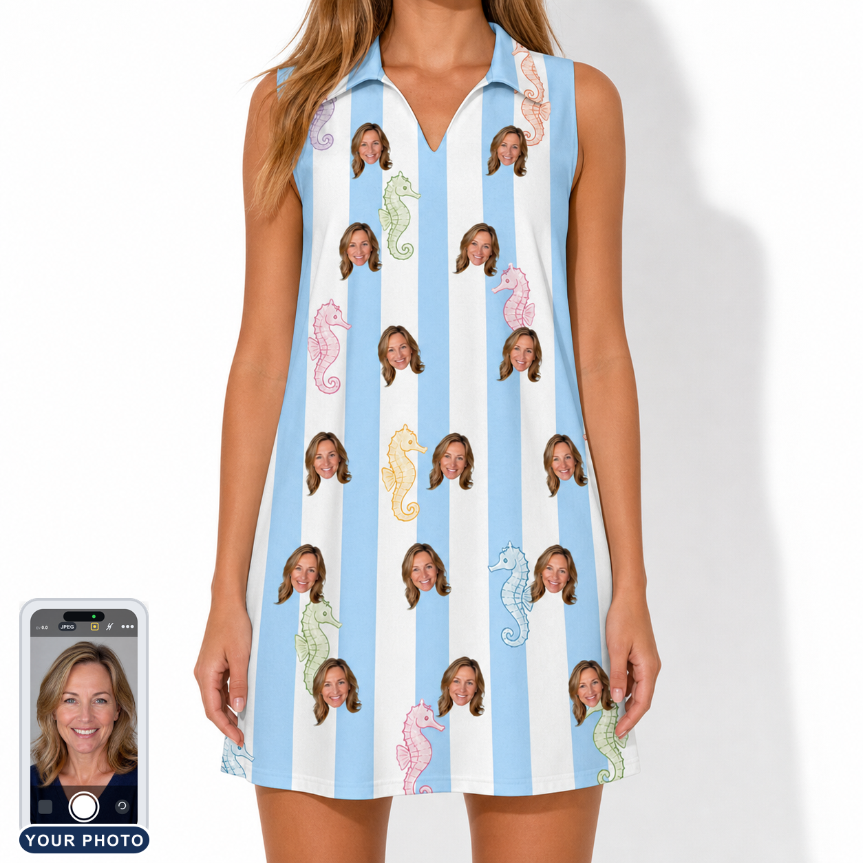 Women's Seahorse Serenade Custom Face V-Neck Dress