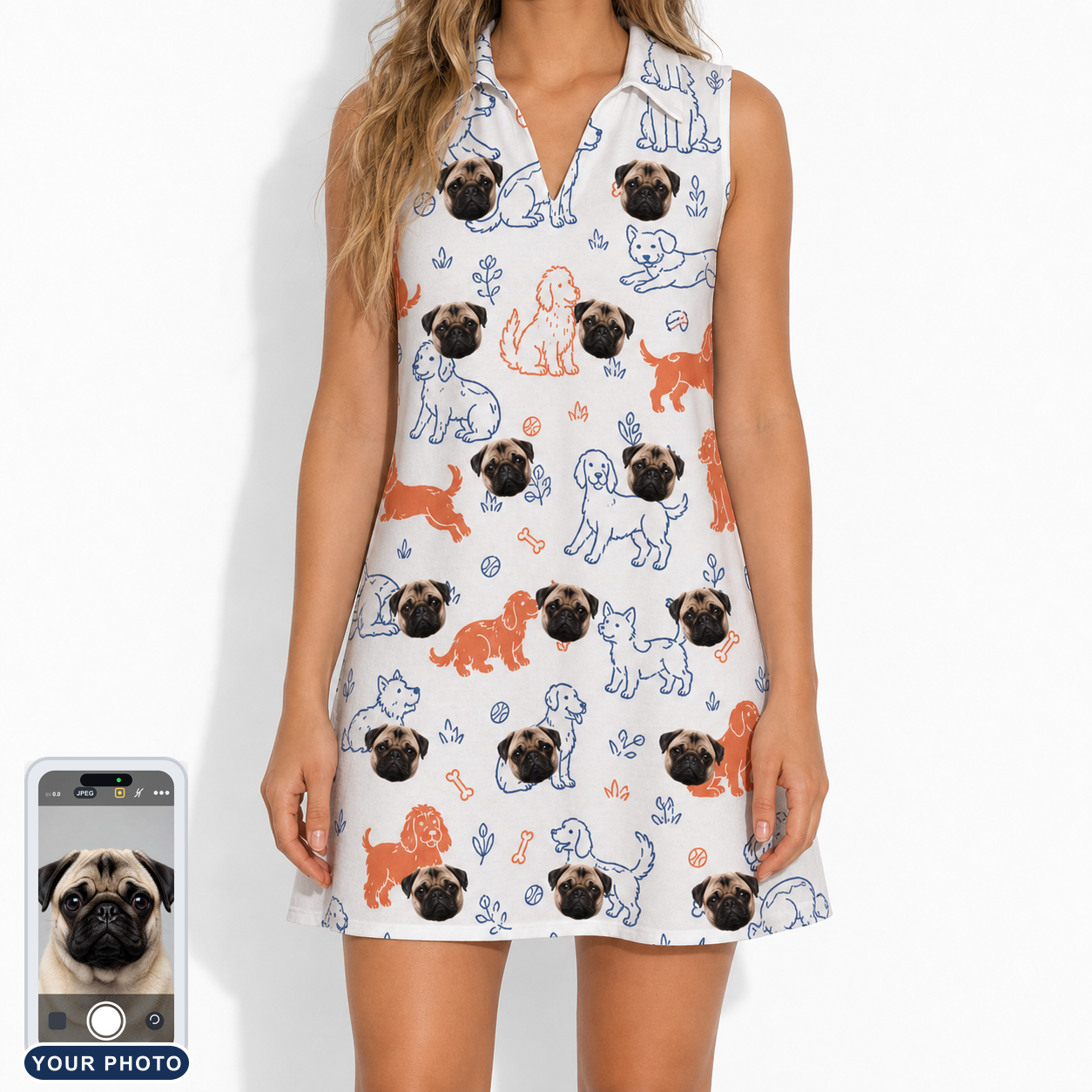Women's Fido Follies Custom Dog Face V-Neck Dress