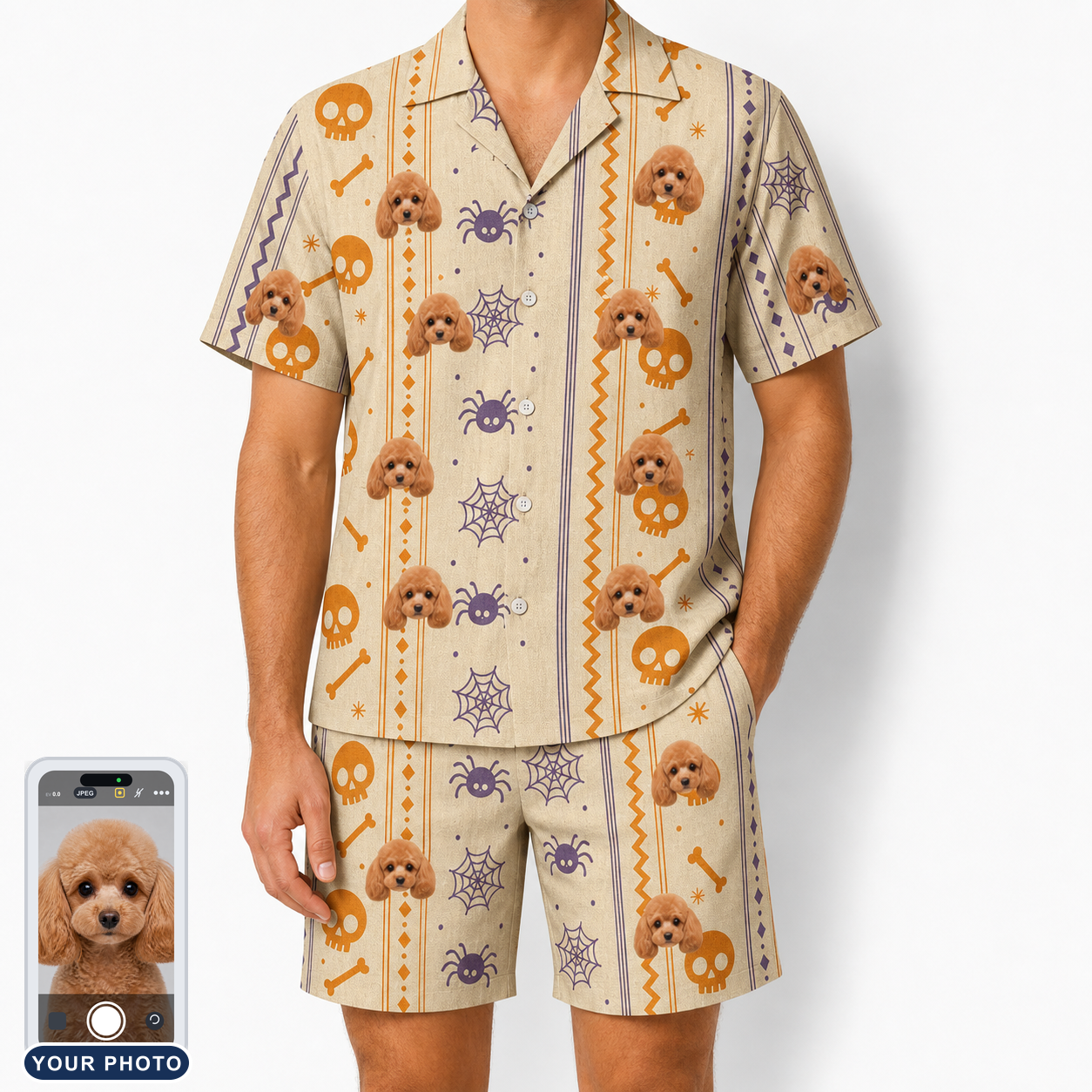 Men's Webbed Bones Custom Dog Face Shirt & Shorts Set