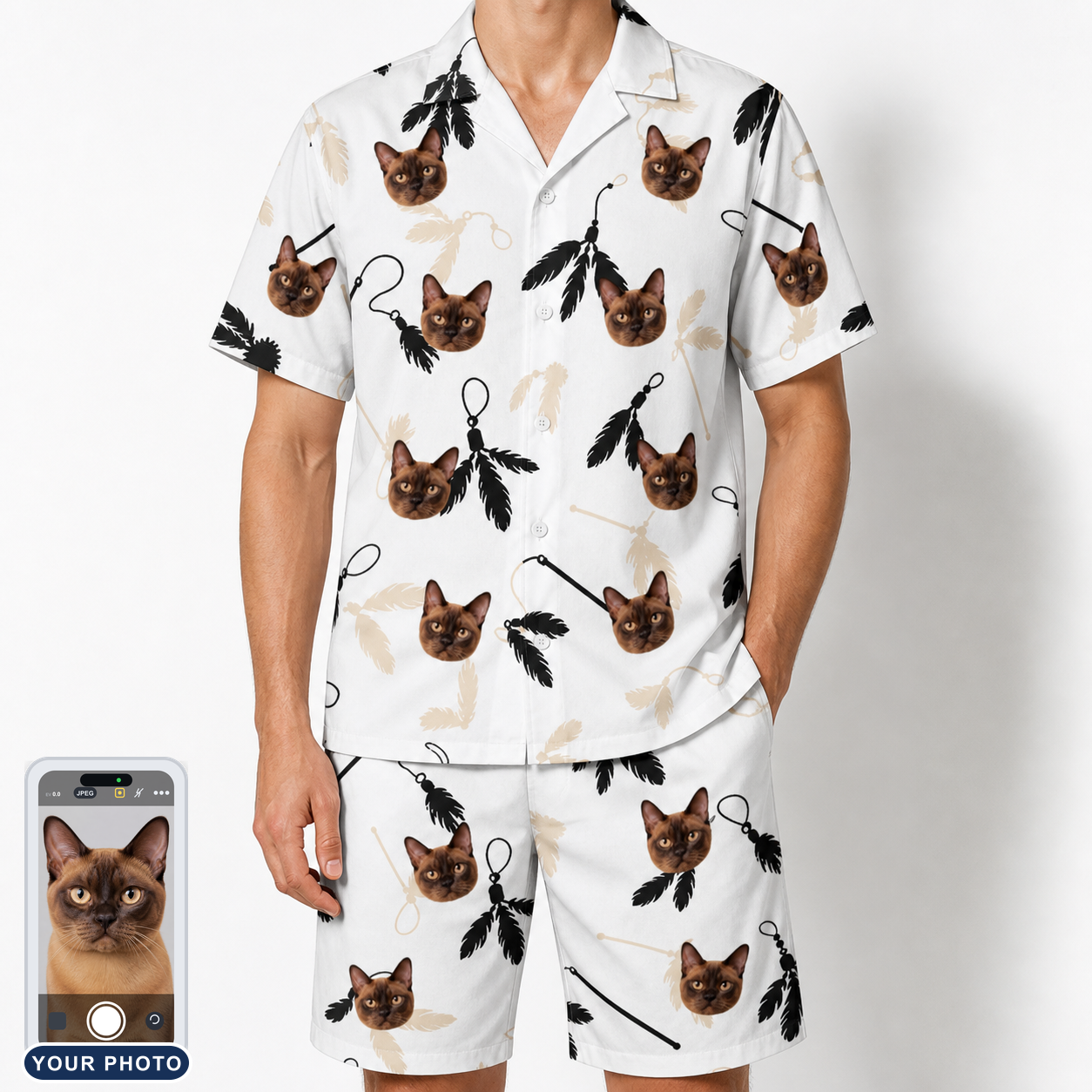 Men's Clawful Feathers Custom Cat Face Shirt & Shorts Set