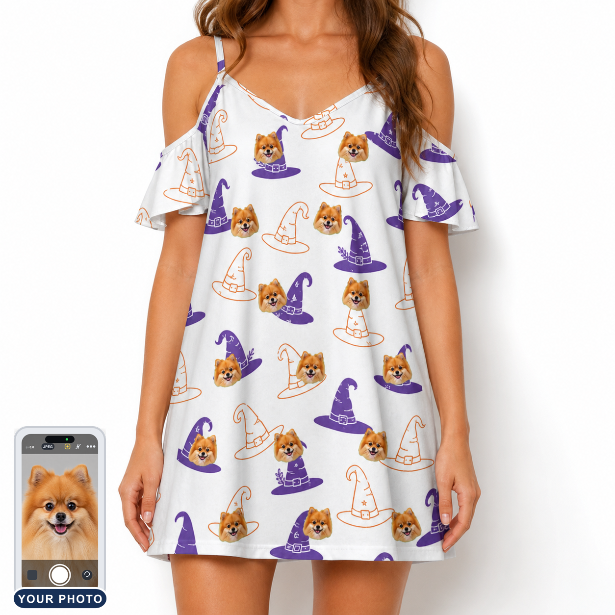 Women's Cauldron Crowns Custom Dog Face Off-Shoulder Dress
