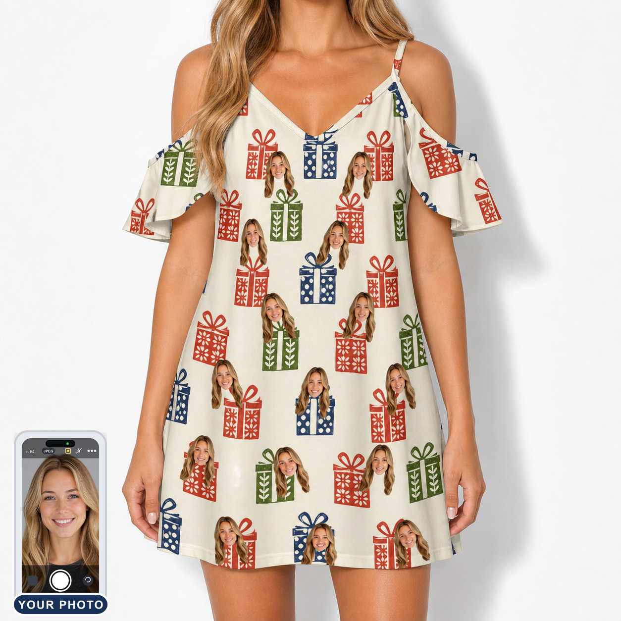 Women's Cheery Crates Custom Face Off-Shoulder Dress