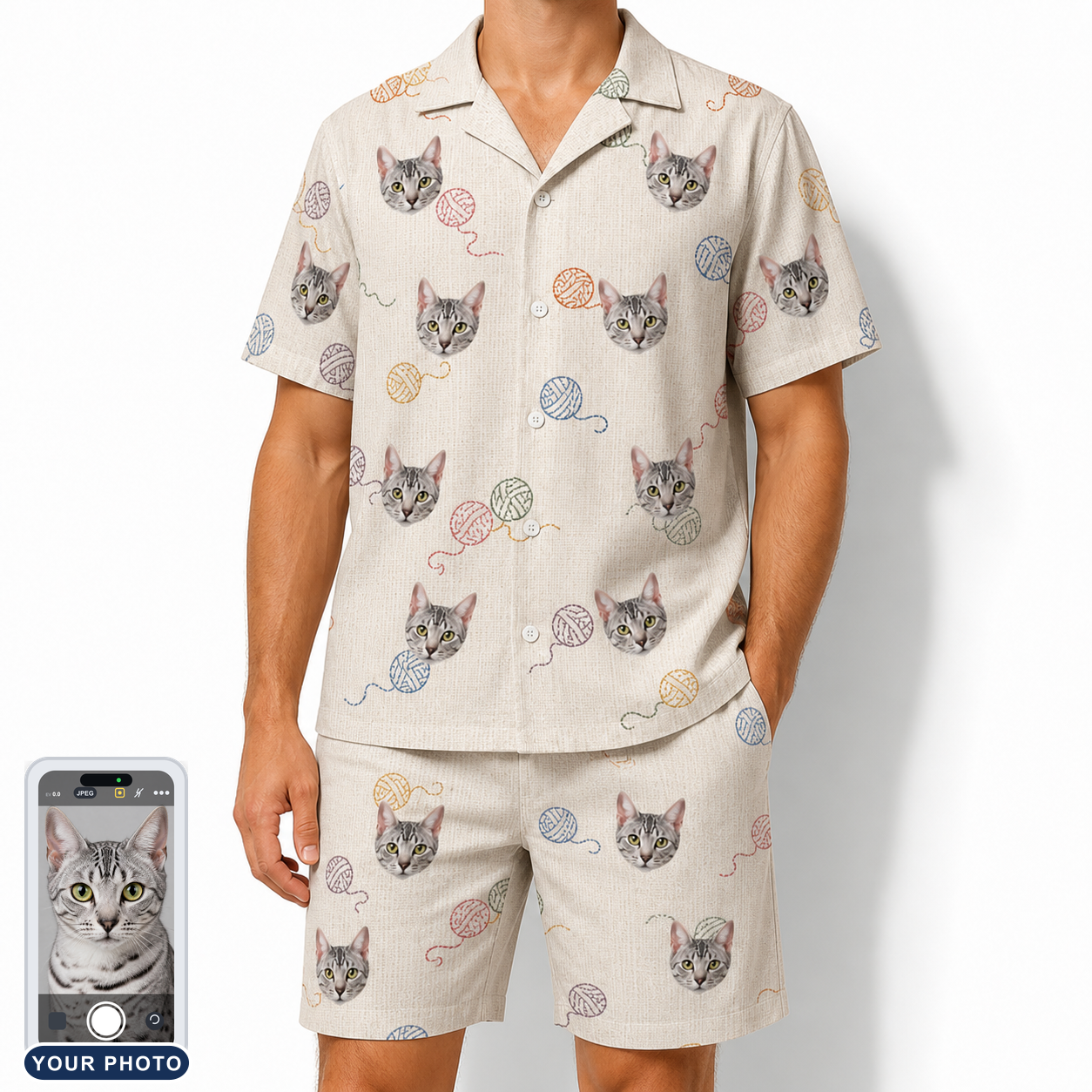 Men's Skein Snoopers Custom Cat Face Shirt & Shorts Set