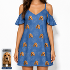 Women's Kibble Cartography Custom Dog Face Off-Shoulder Dress