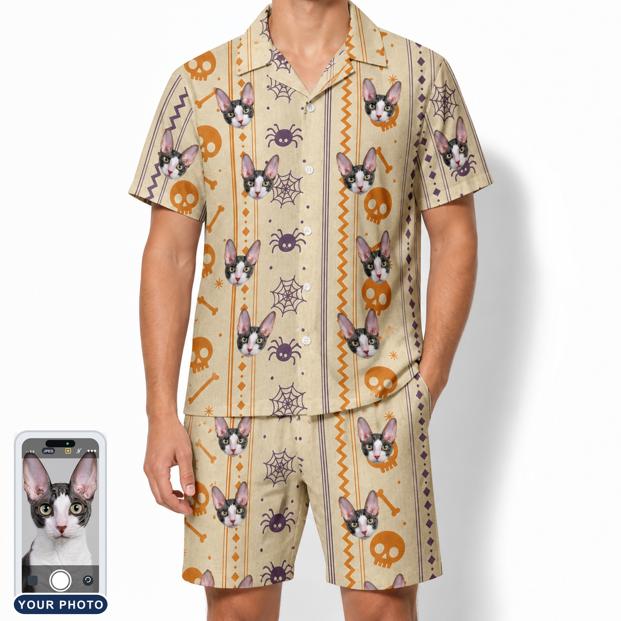 Men's Webbed Bones Custom Cat Face Shirt & Shorts Set
