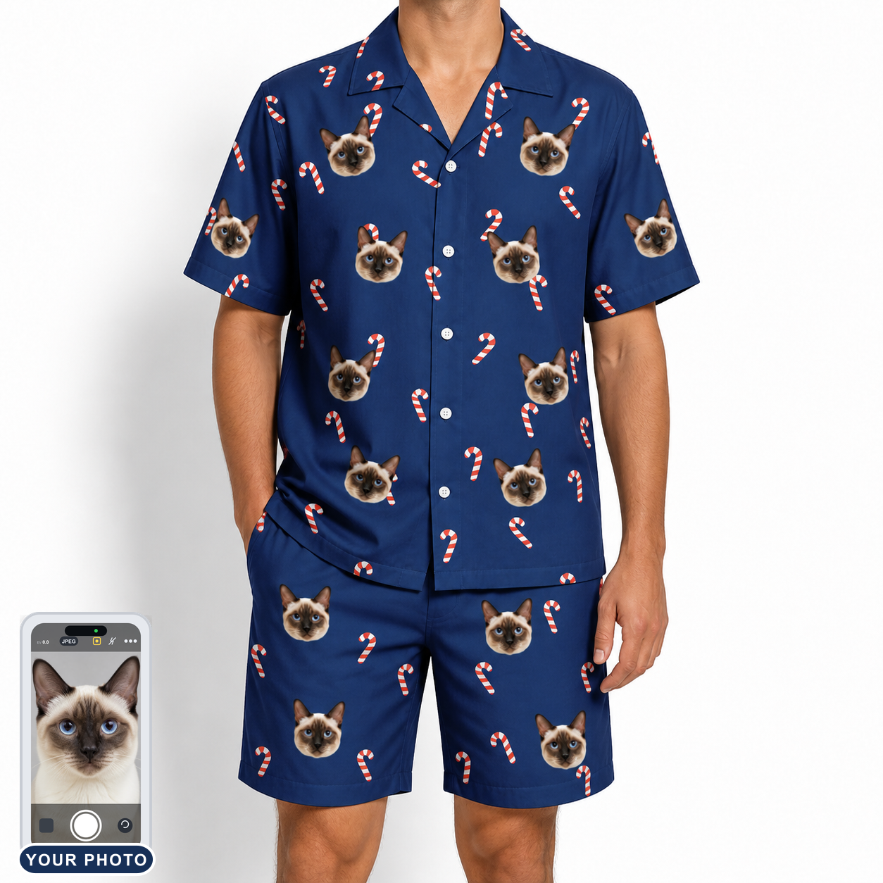 Men's Peppermint Pizzazz Custom Cat Face Shirt & Shorts Set