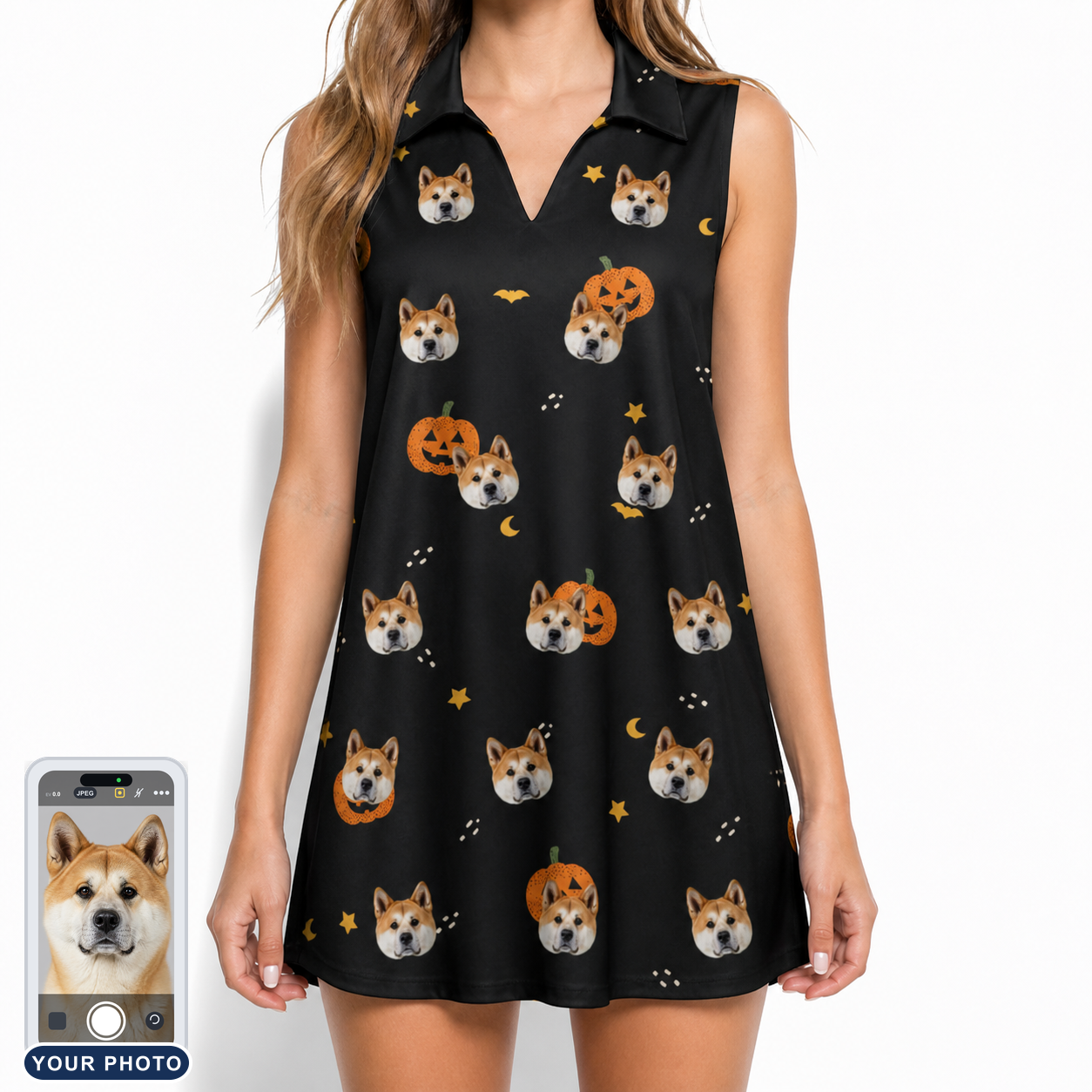 Women's Cackle Carvings Custom Dog Face V-Neck Dress