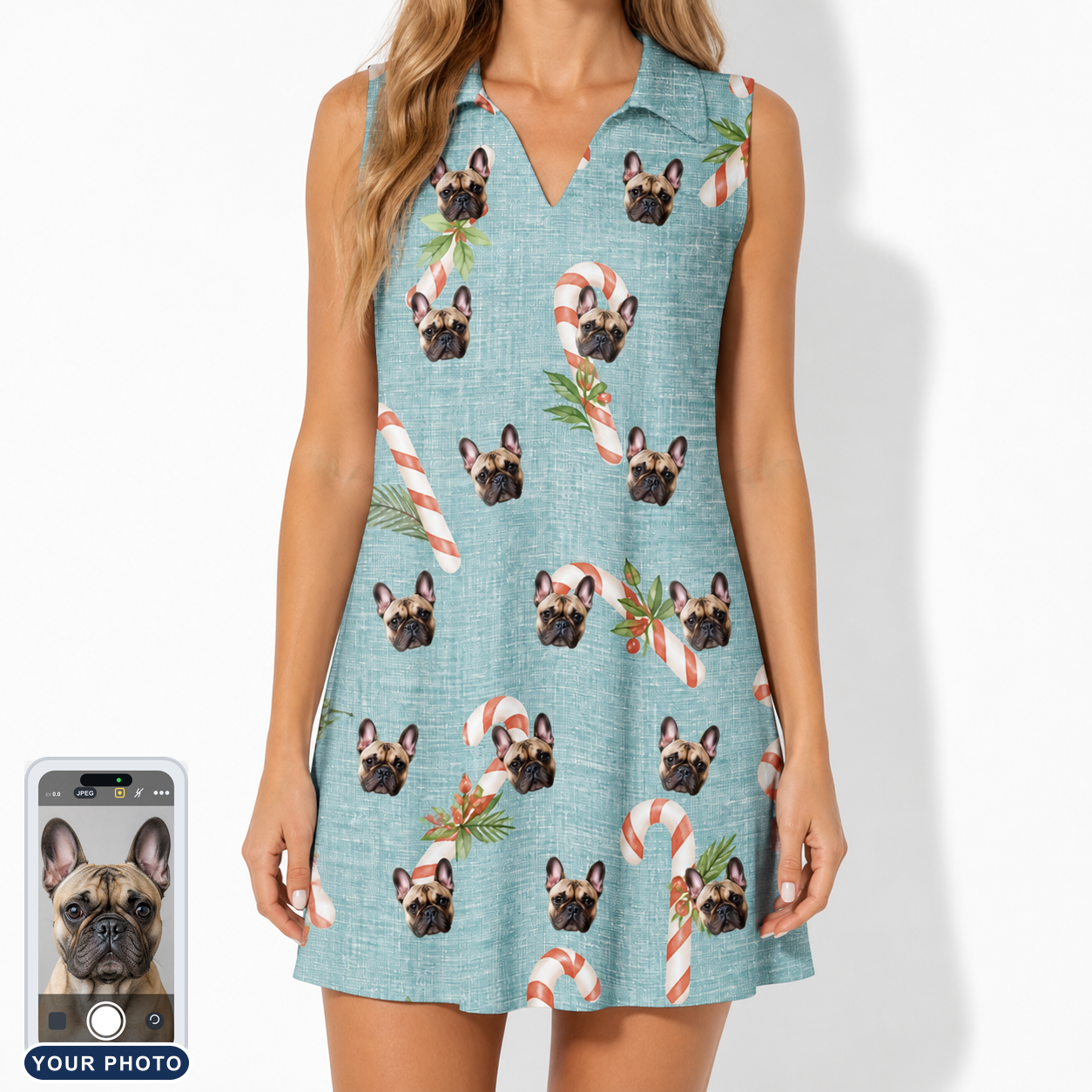 Women's Cane Carousel Custom Dog Face V-Neck Dress
