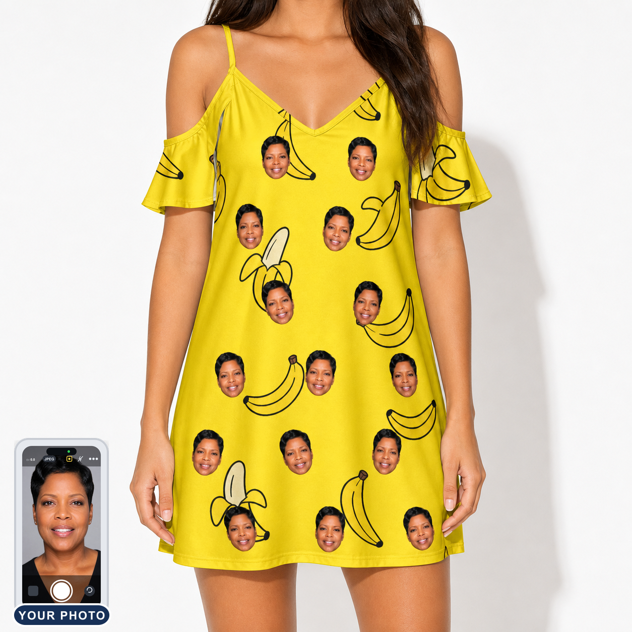Women's Yellow Yodel Custom Face Off-Shoulder Dress