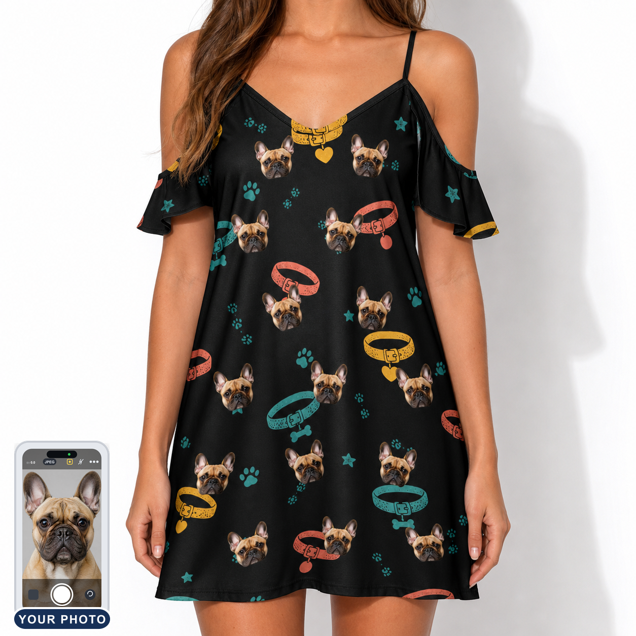 Women's Bark Buckles Custom Dog Face Off-Shoulder Dress