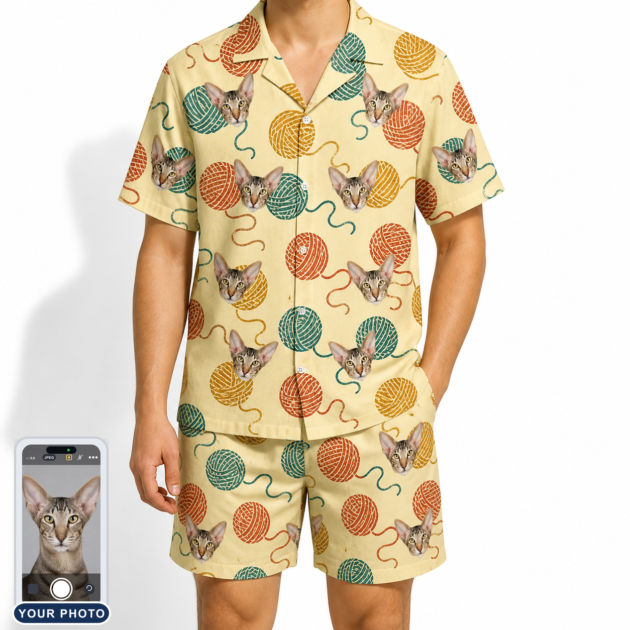 Men's Mewton Balls Custom Cat Face Shirt & Shorts Set