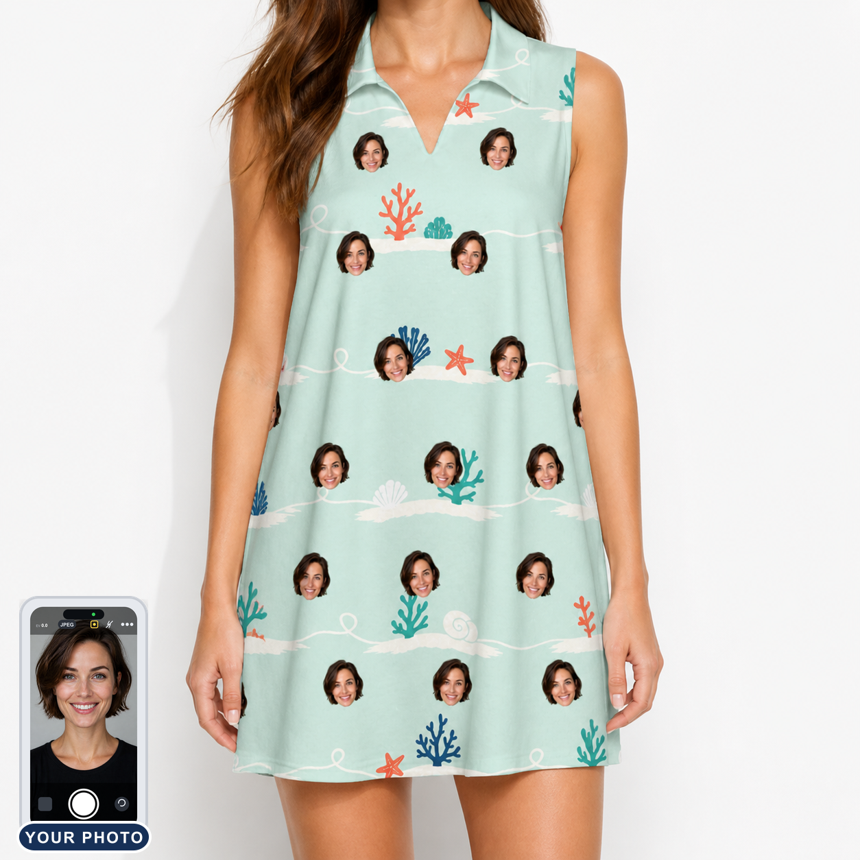 Women's Coral Current Custom Face V-Neck Dress