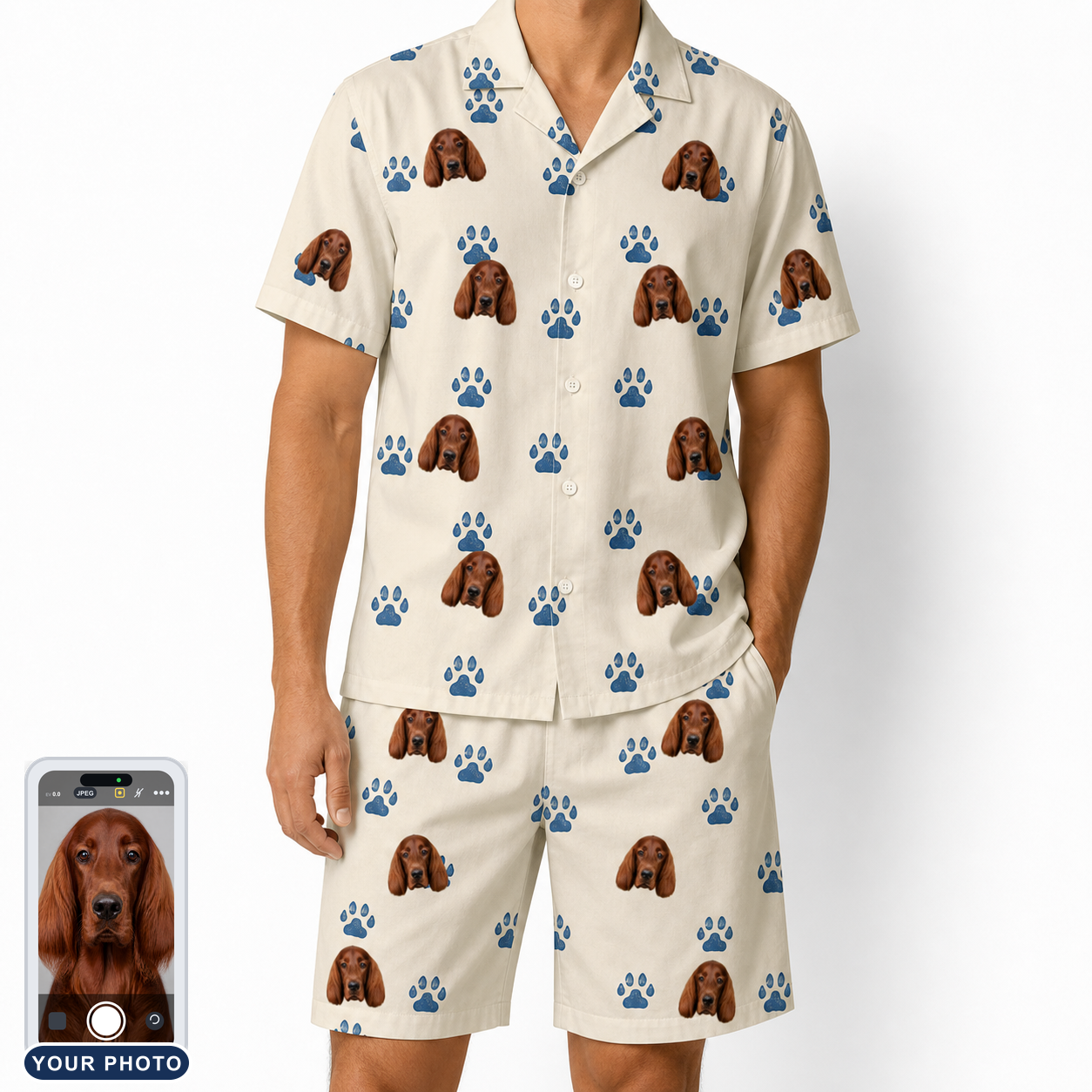Men's Puppy Prints Custom Dog Face Shirt & Shorts Set
