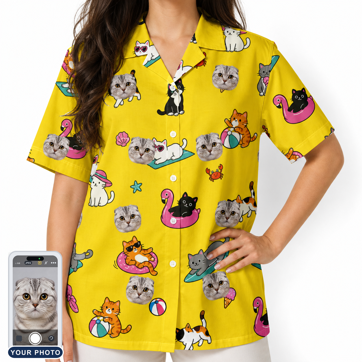 Women's Velvet Nuzzles Custom Cat Face Hawaiian Shirt