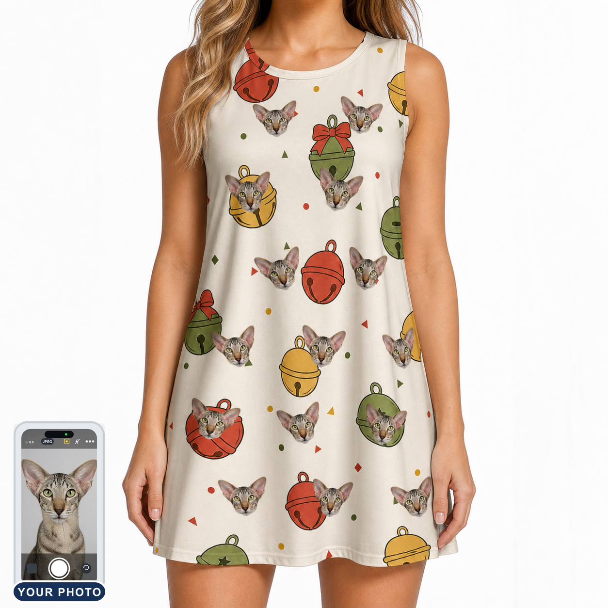Women's Chime Charms Custom Cat Face Tank Dress