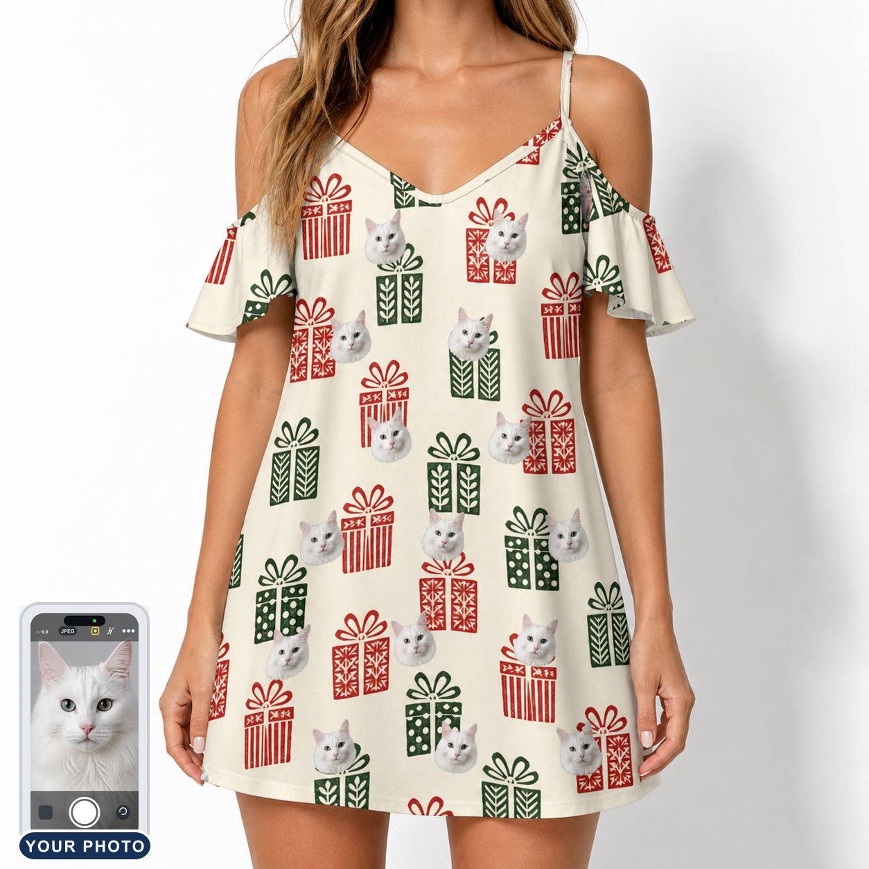 Women's Bowtiful Bundles Custom Cat Face Off-Shoulder Dress