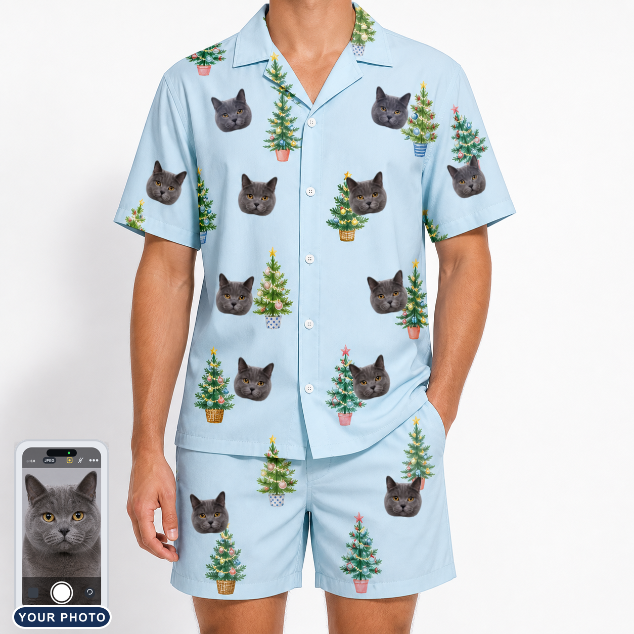 Men's Spruce Spectacle Custom Cat Face Shirt & Shorts Set