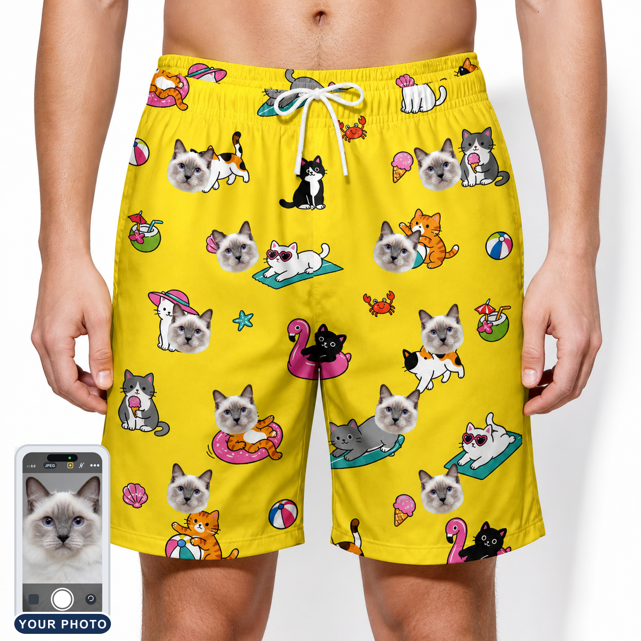 Men's Velvet Nuzzles Custom Cat Face Beach Shorts
