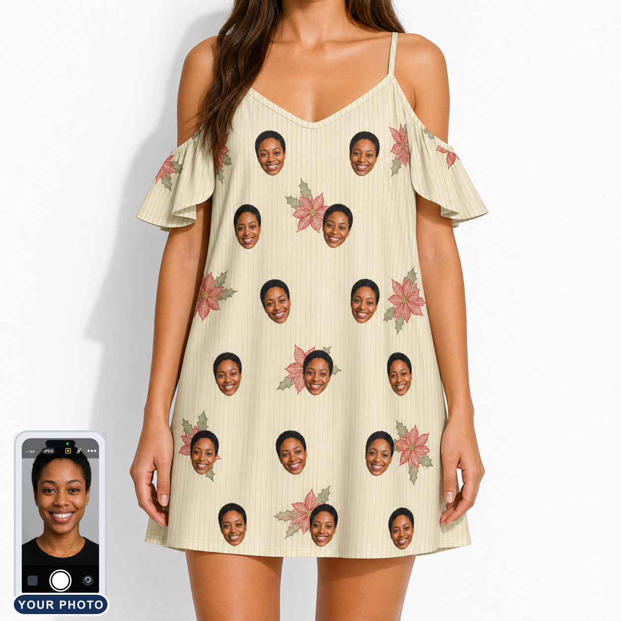 Women's Poinsettia Pop Custom Face Off-Shoulder Dress