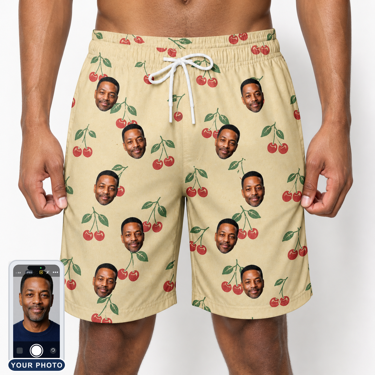 Men's Cherry Chomp Custom Face Beach Shorts