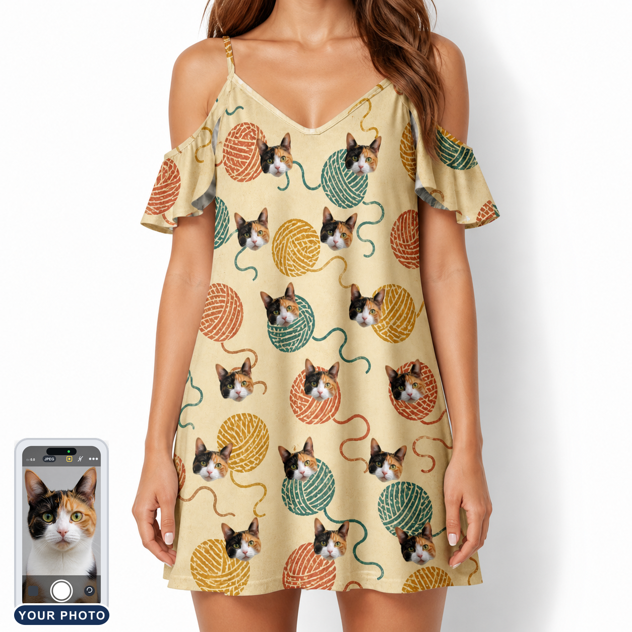 Women's Mewton Balls Custom Cat Face Off-Shoulder Dress