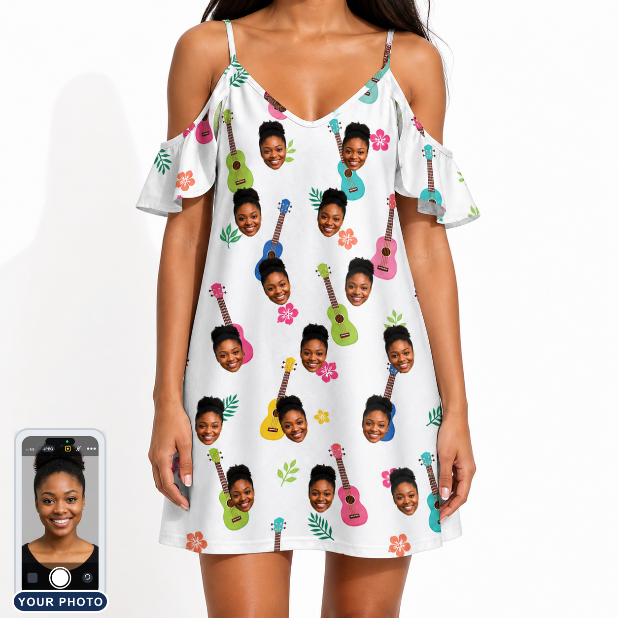 Women's Ukulele Utopia Custom Face Off-Shoulder Dress