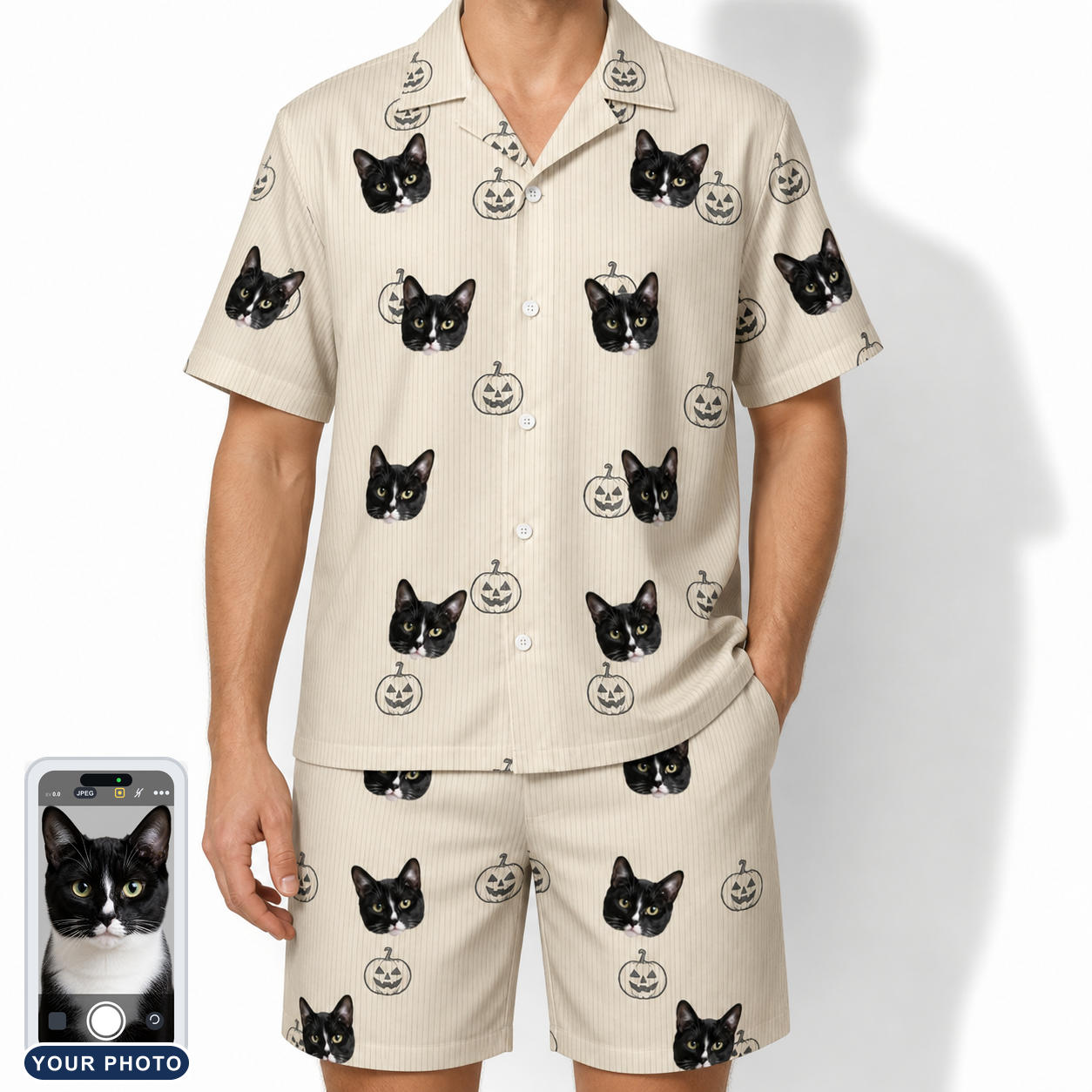 Men's Cucurbit Chuckles Custom Cat Face Shirt & Shorts Set