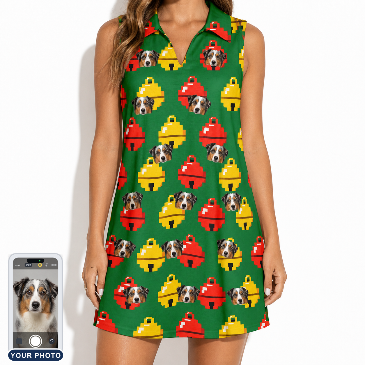 Women's Ringing Revelry Custom Dog Face V-Neck Dress