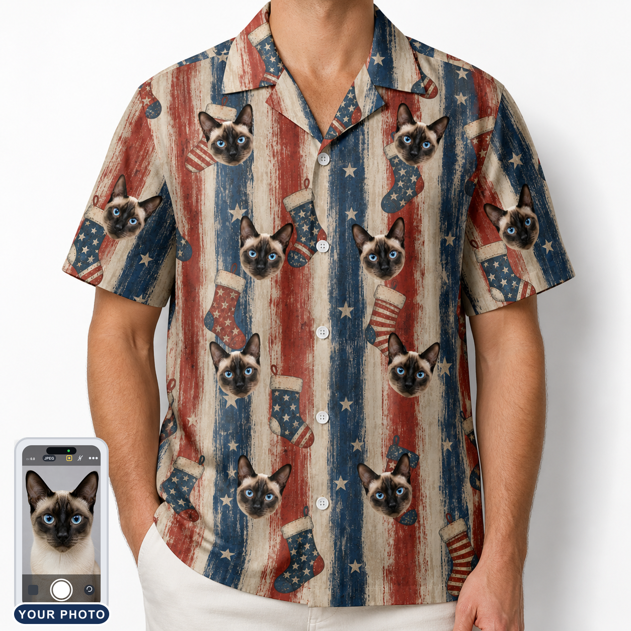 Men's Christmas Cuffs Custom Cat Face Hawaiian Shirt
