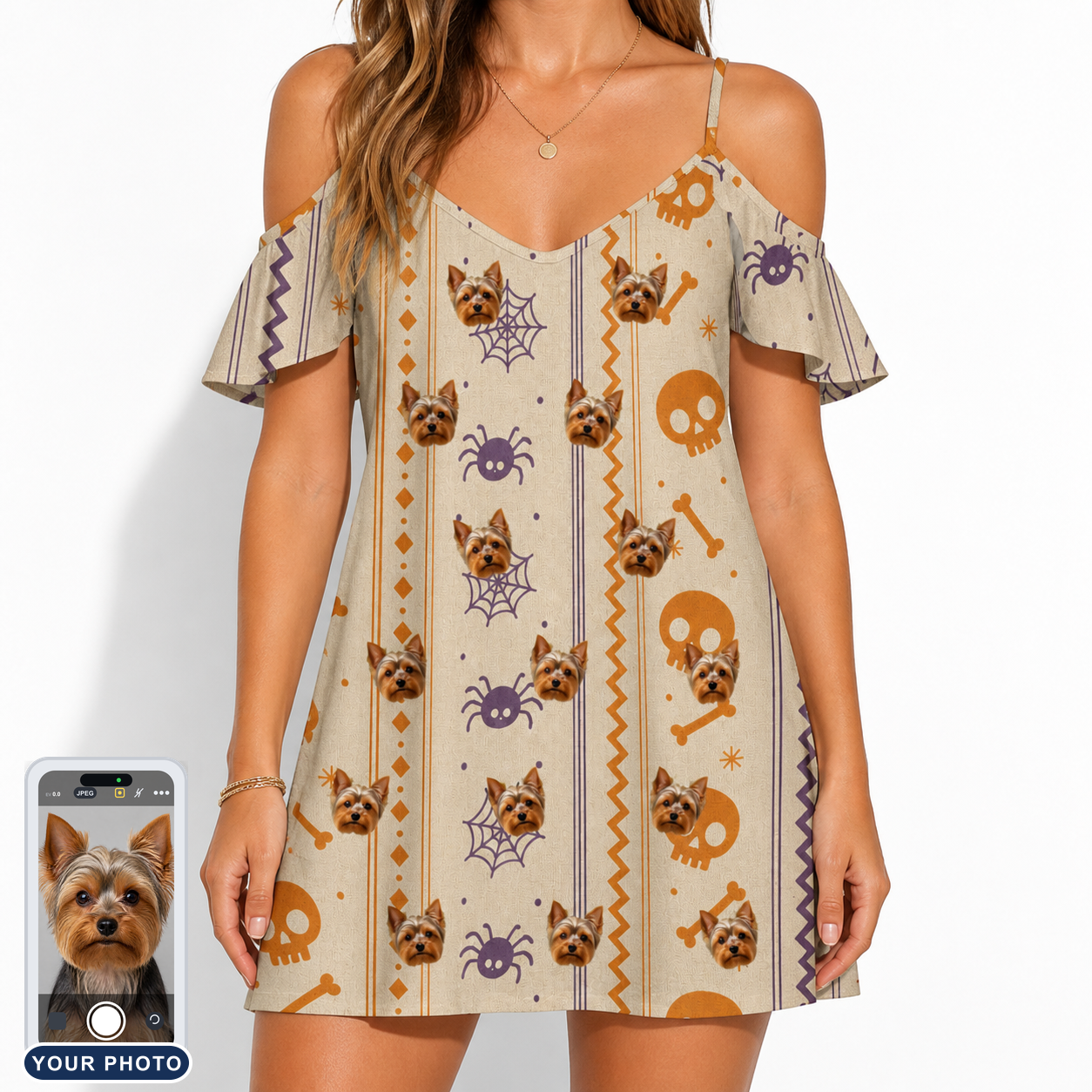 Women's Webbed Bones Custom Dog Face Off-Shoulder Dress