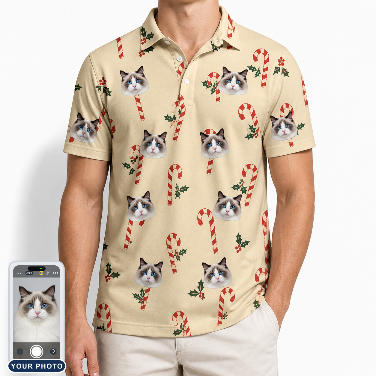 Men's Minty Mistletoe Custom Cat Face Polo Shirt