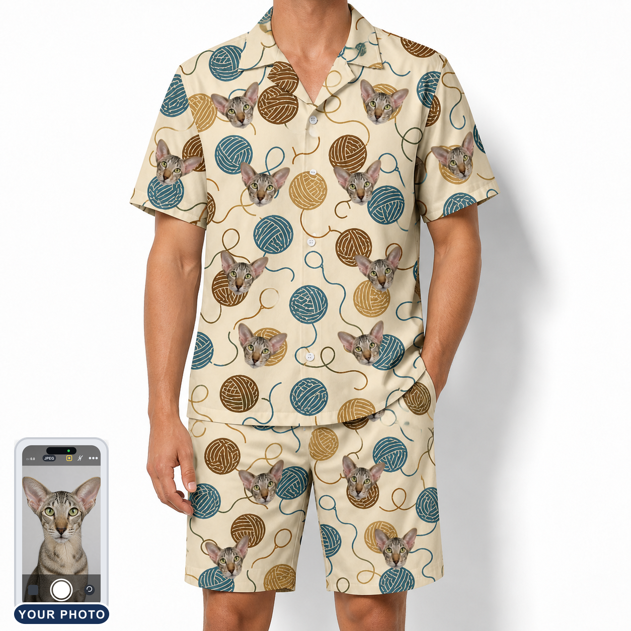 Men's Bobbin Bengals Custom Cat Face Shirt & Shorts Set