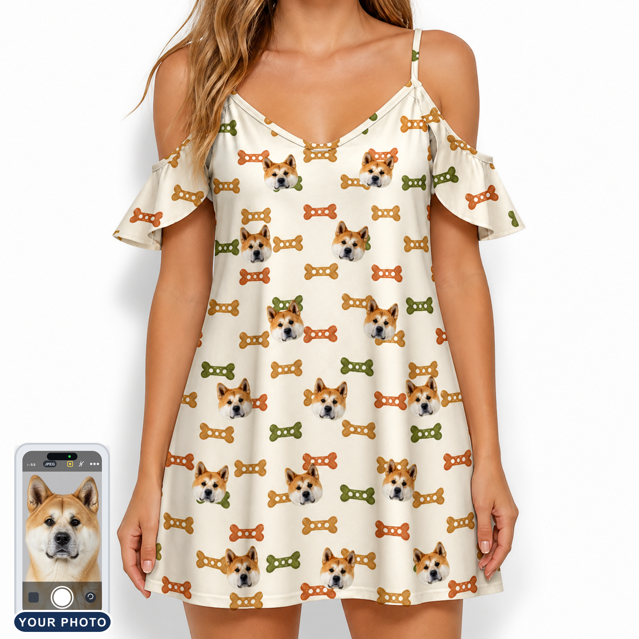 Women's Snout Sweets Custom Dog Face Off-Shoulder Dress