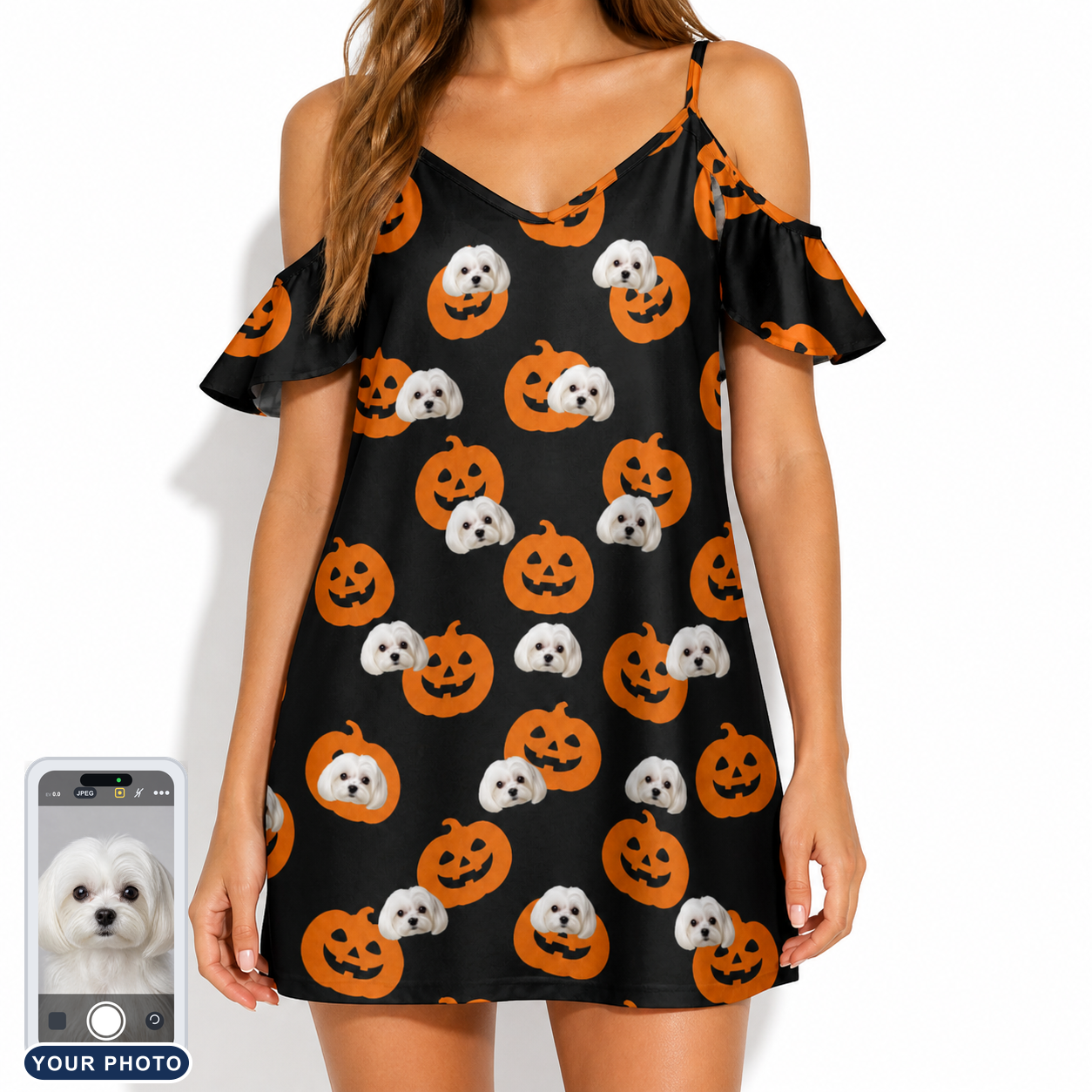 Women's Frightlight Fancies Custom Dog Face Off-Shoulder Dress