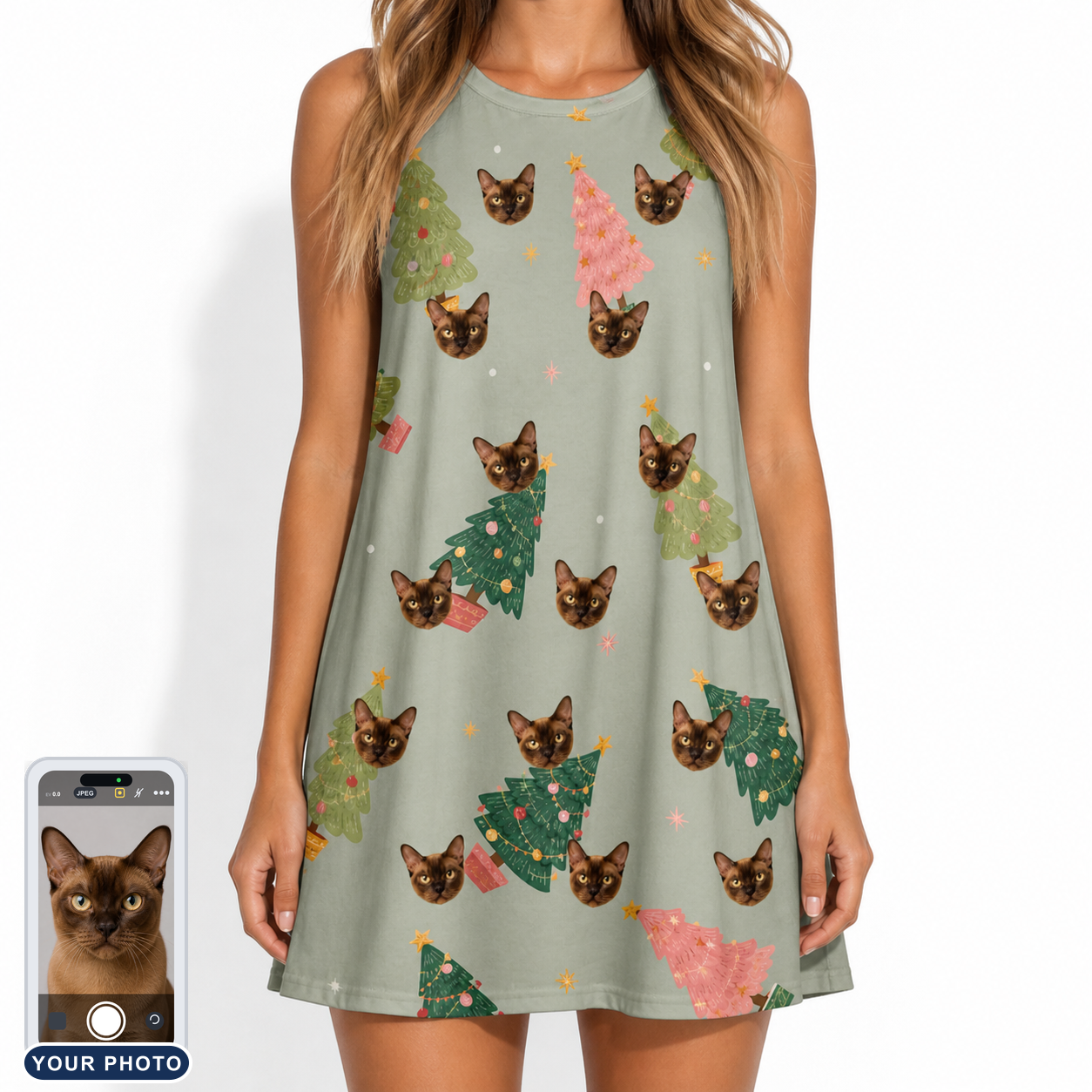 Women's Trimmed Tannenbaums Custom Cat Face Tank Dress