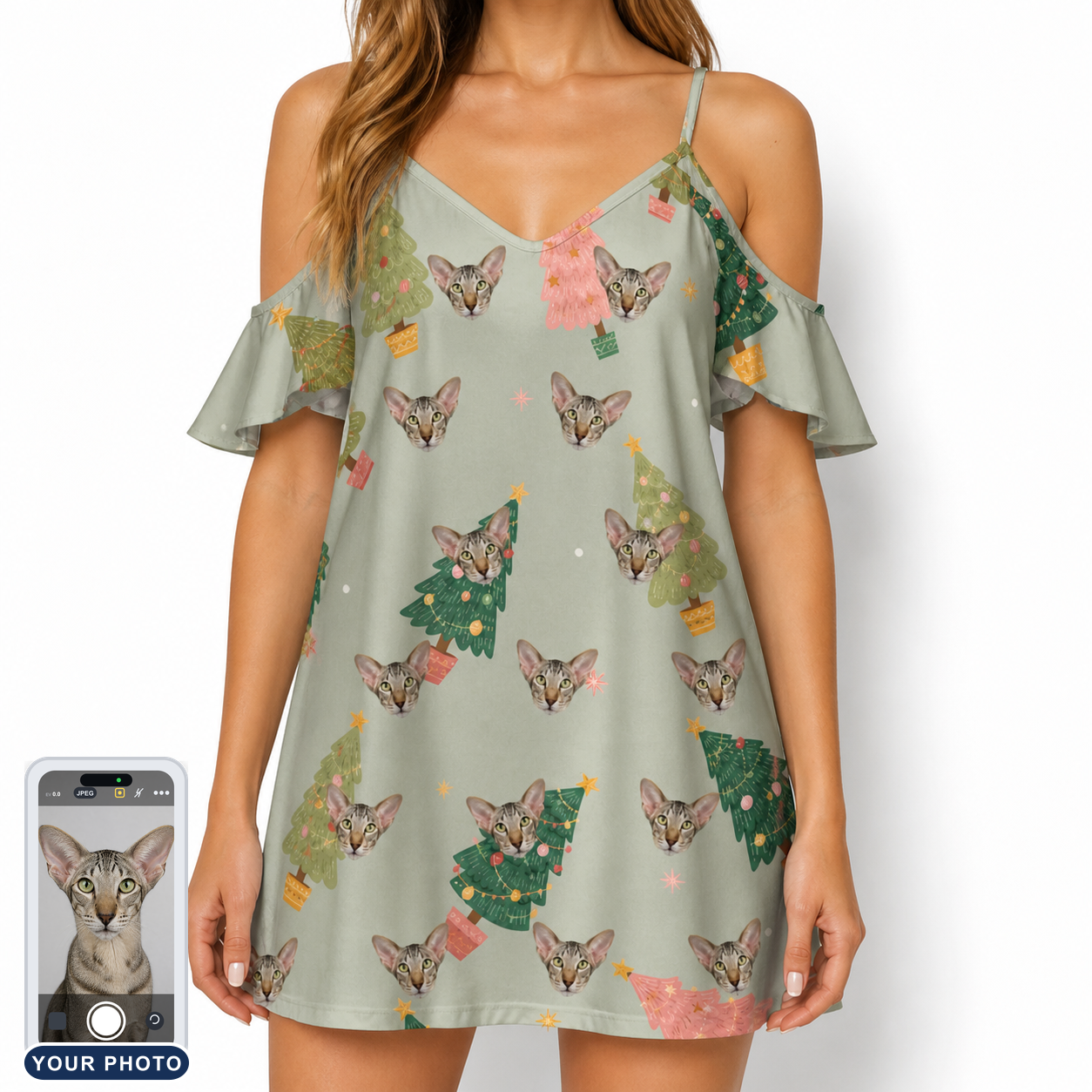 Women's Trimmed Tannenbaums Custom Cat Face Off-Shoulder Dress