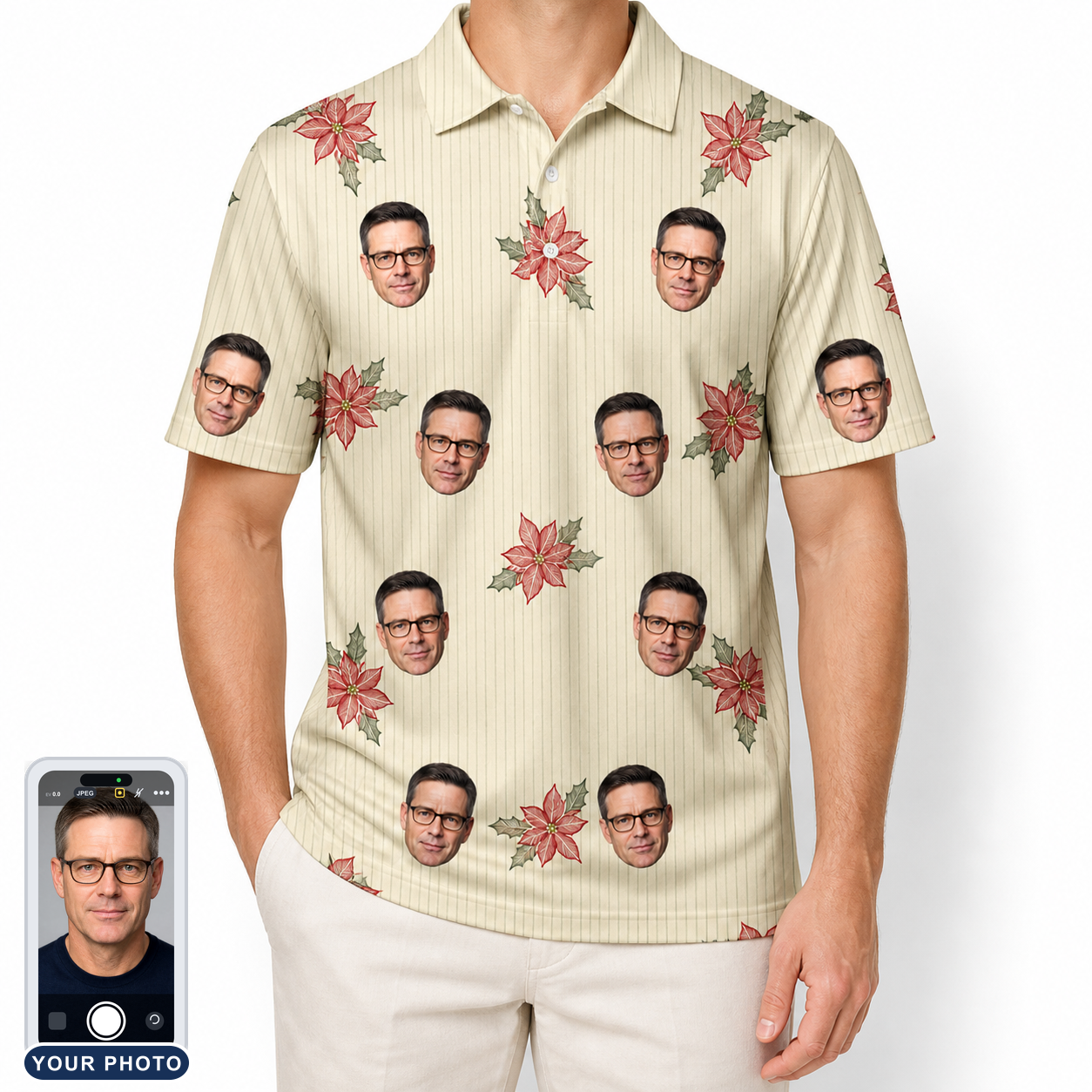 Men's Poinsettia Pop Custom Face Polo Shirt