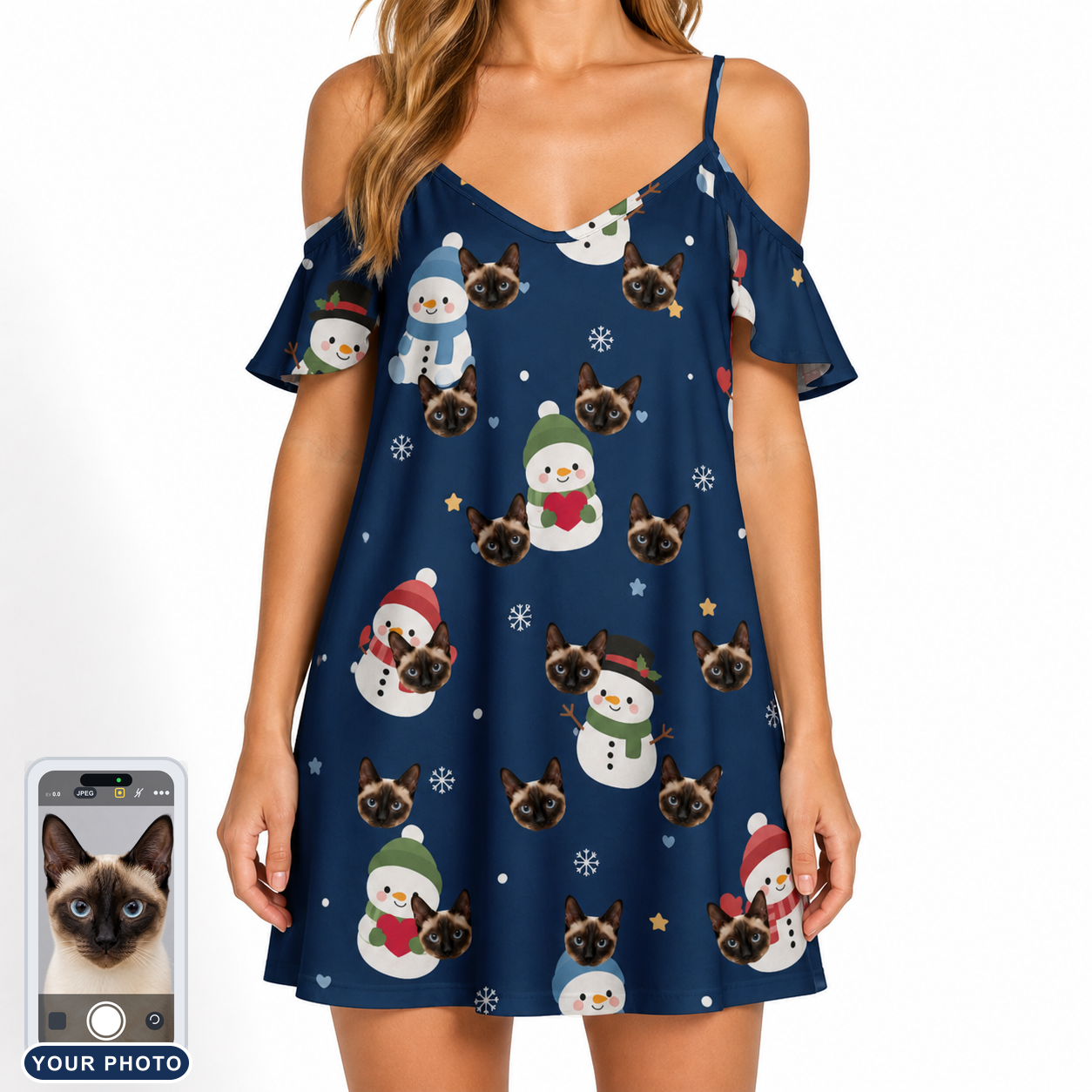 Women's Snowman Shenanigans Custom Cat Face Off-Shoulder Dress