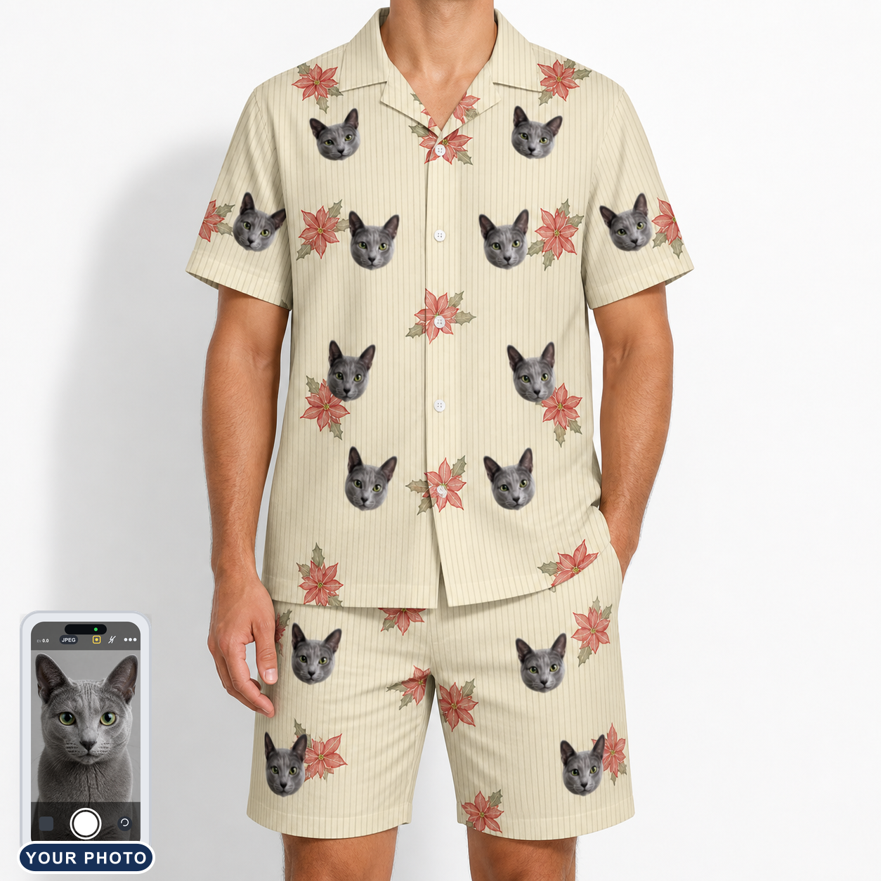 Men's Poinsettia Pop Custom Cat Face Shirt & Shorts Set