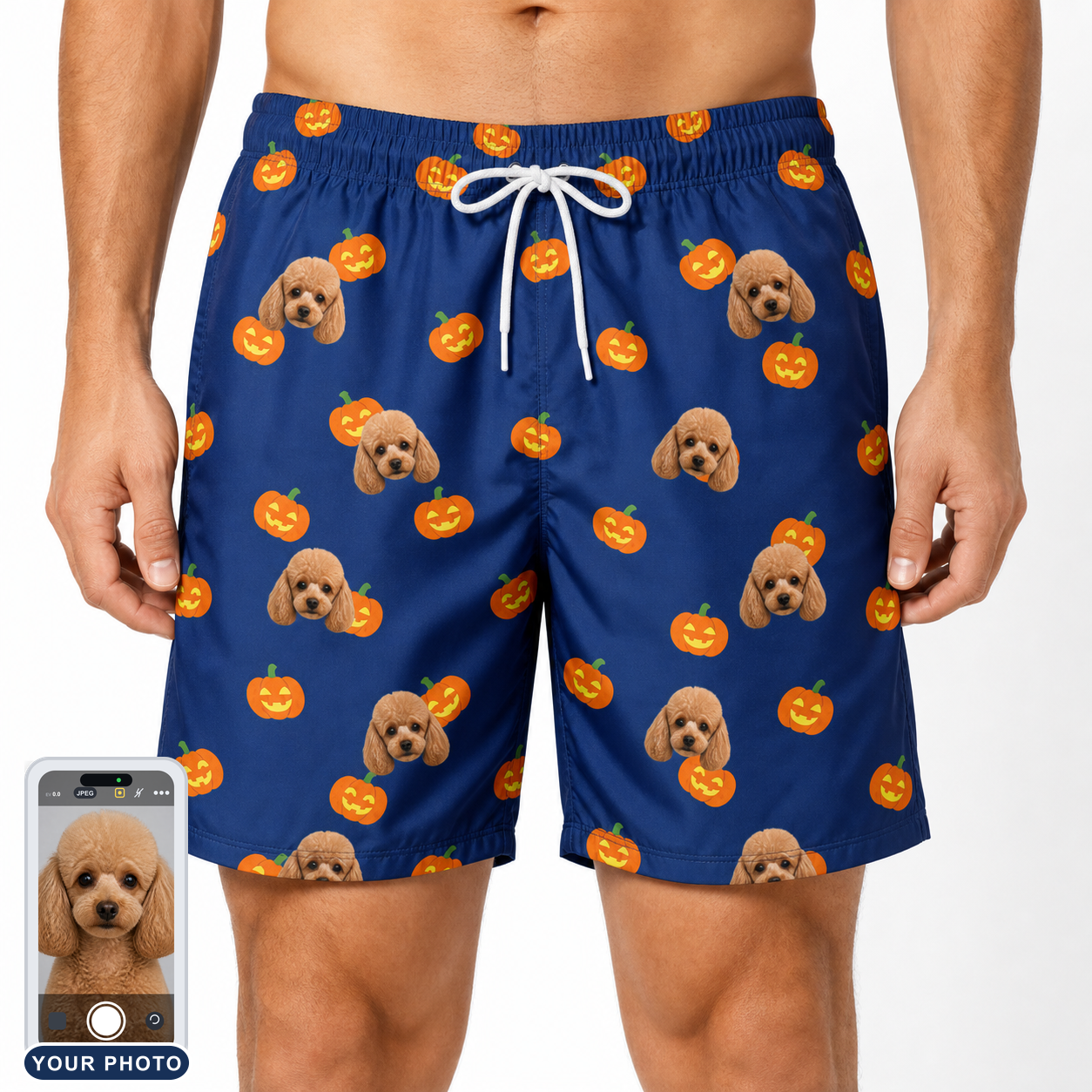 Men's Orange Oddities Custom Dog Face Beach Shorts