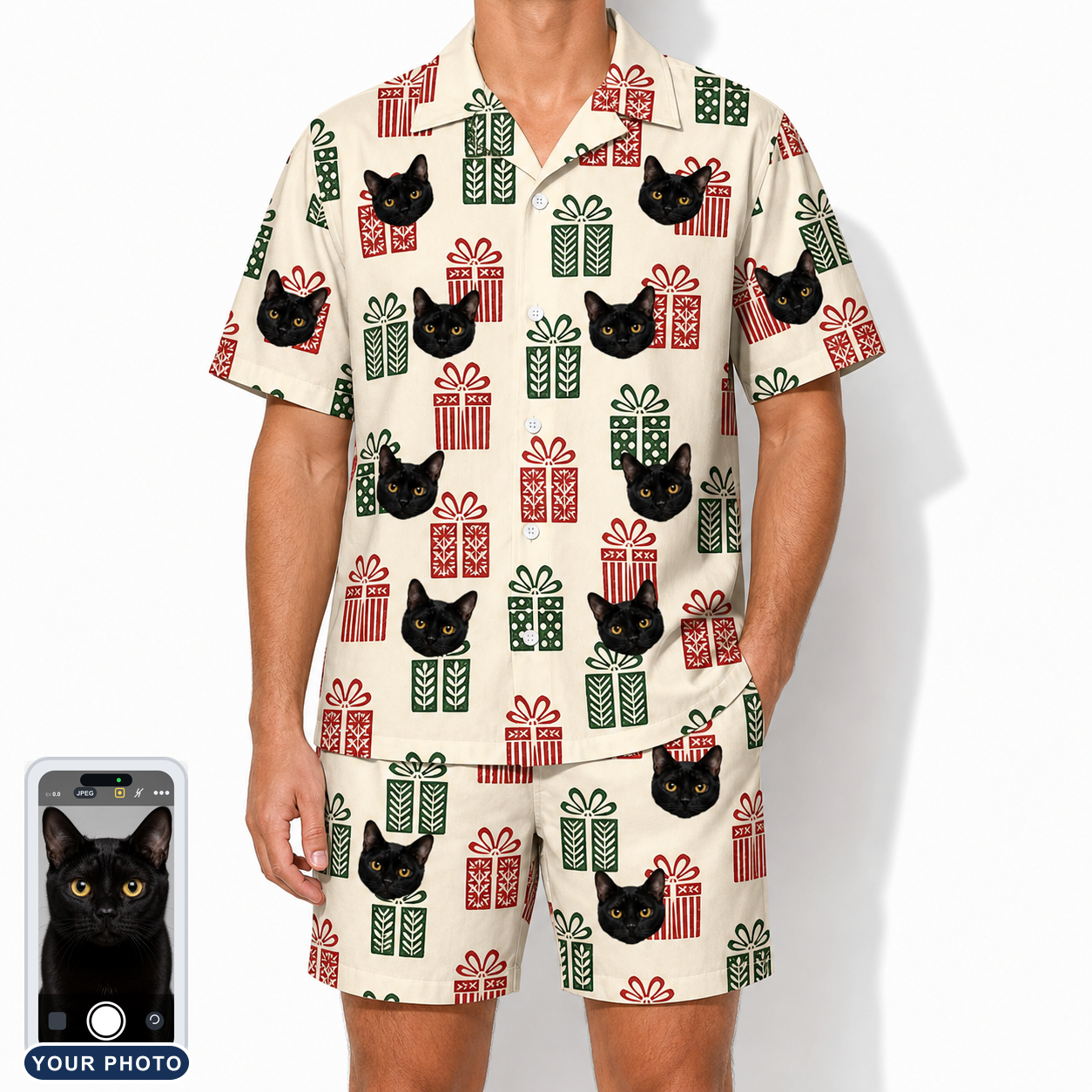 Men's Bowtiful Bundles Custom Cat Face Shirt & Shorts Set