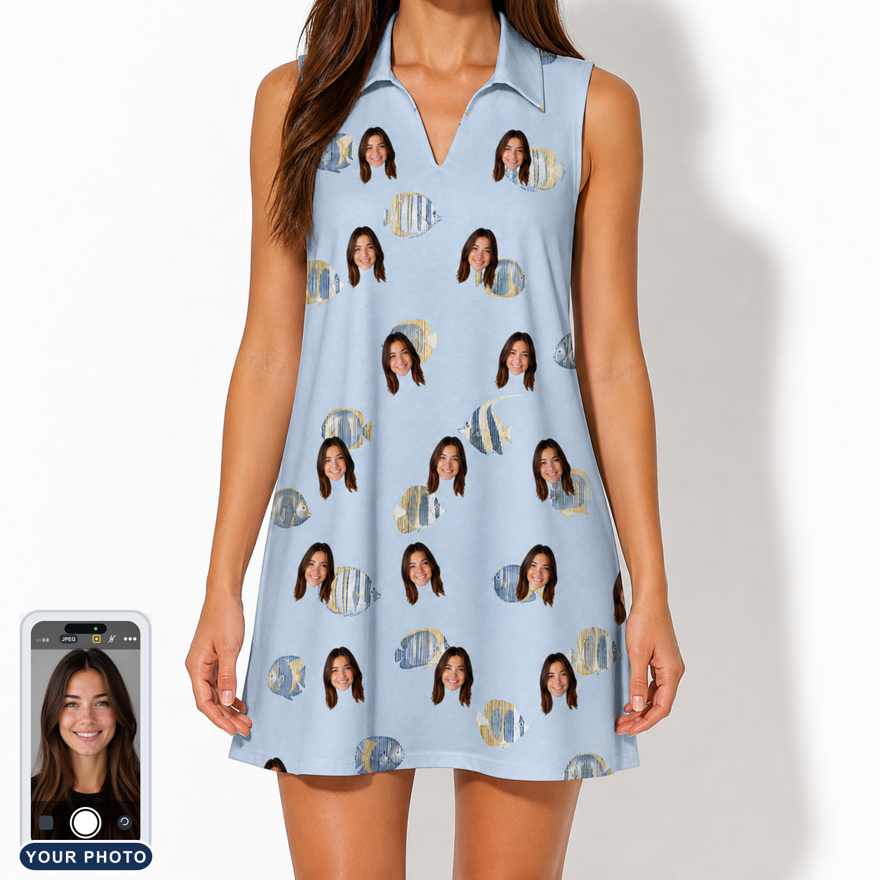 Women's Aquatic Antics Custom Face V-Neck Dress