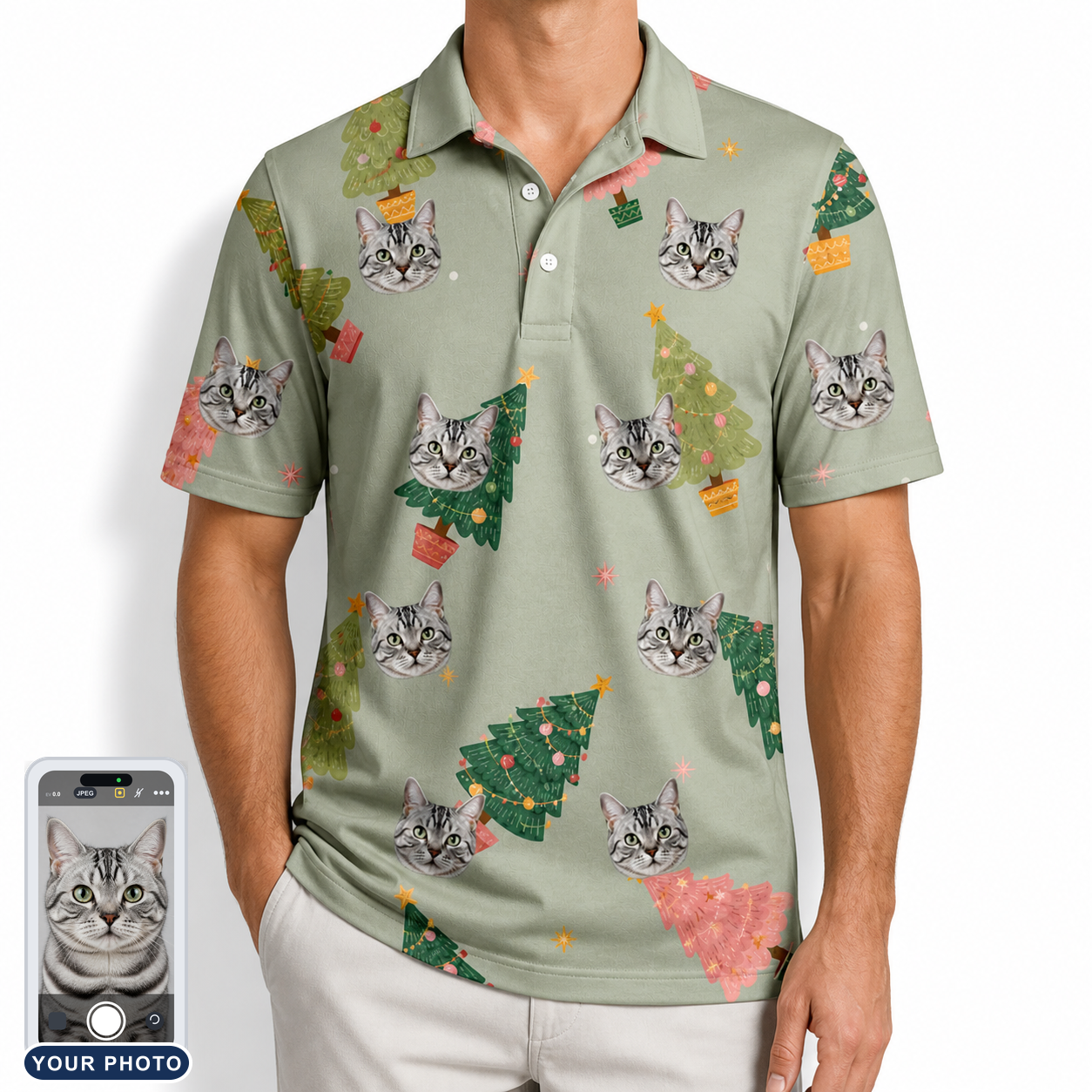 Men's Trimmed Tannenbaums Custom Cat Face Polo Shirt