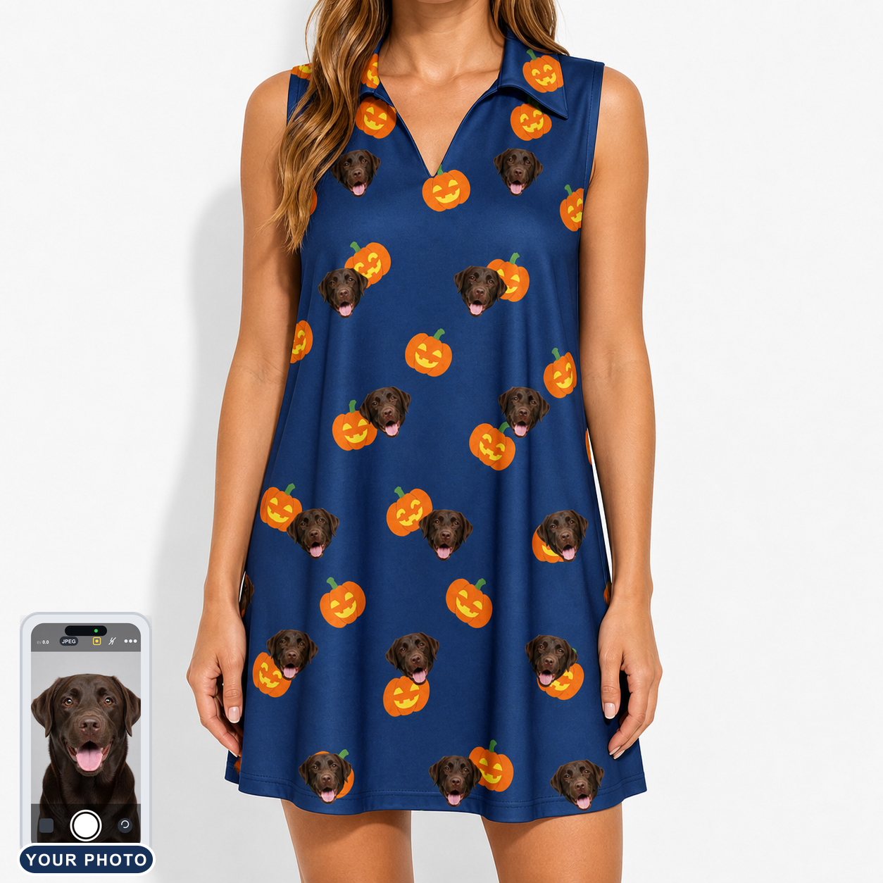 Women's Orange Oddities Custom Dog Face V-Neck Dress