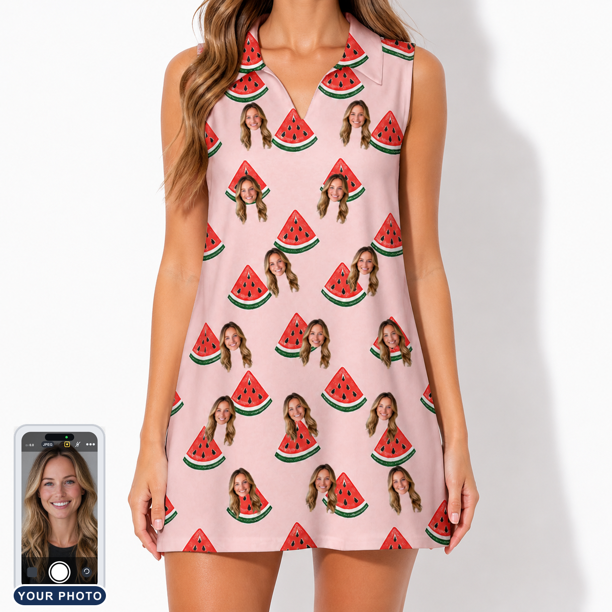 Women's Watermelon Whimsy Custom Face V-Neck Dress